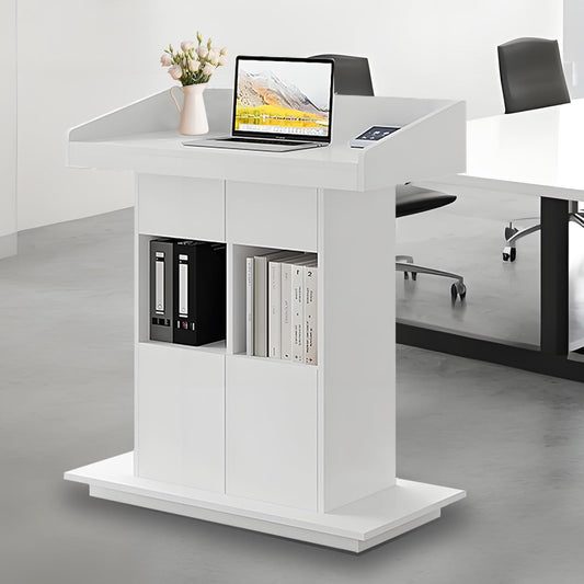 Solid Wooden Podium Stand Podiums for Classroom Lectern Podium Stand Wood Church Pulpit with 3 Levels of Storage and Heightened Baffles (White, 39.4in)