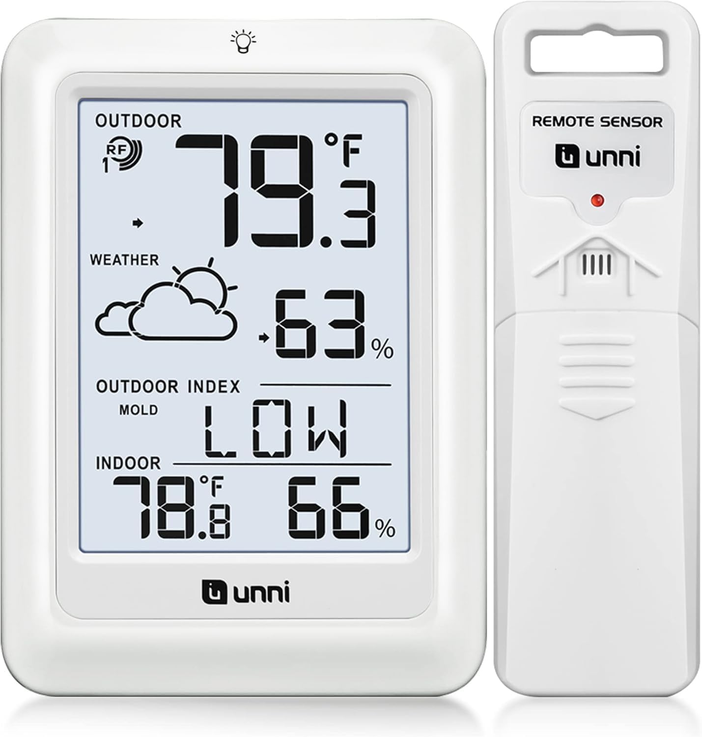 Indoor Outdoor Thermometer Wireless Weather Station, Temperature Humidity Monitor Battery Powered Inside Outside Thermometers with 330ft Range Remote Sensor and Backlight Display（WH01）