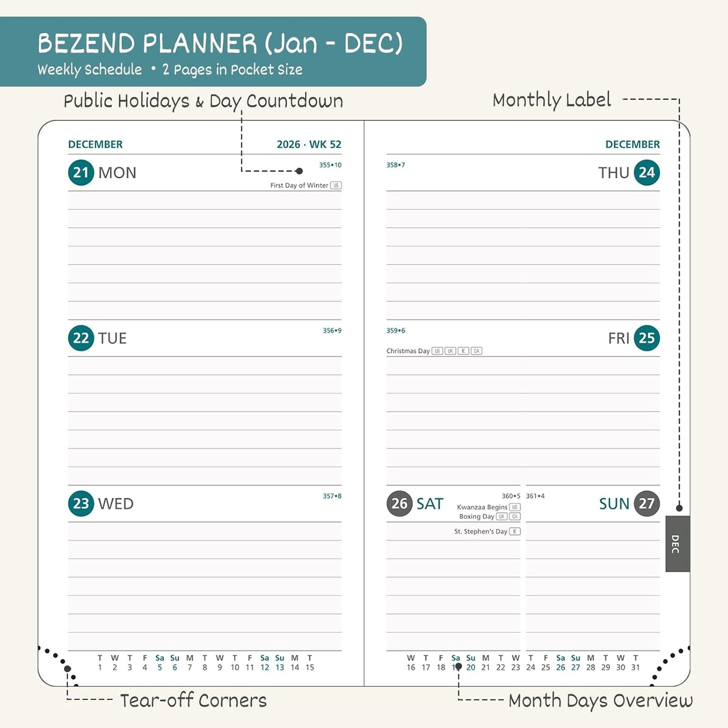 BEZEND Pocket Calendar 2026 Weekly and Monthly (3.5" x 6") Small Daily Planner for Purse (Jan-Dec) with Notes & Expenses, Inner Pocket, Pen Holder, Vegan Leather Hardcover - Sky Blue