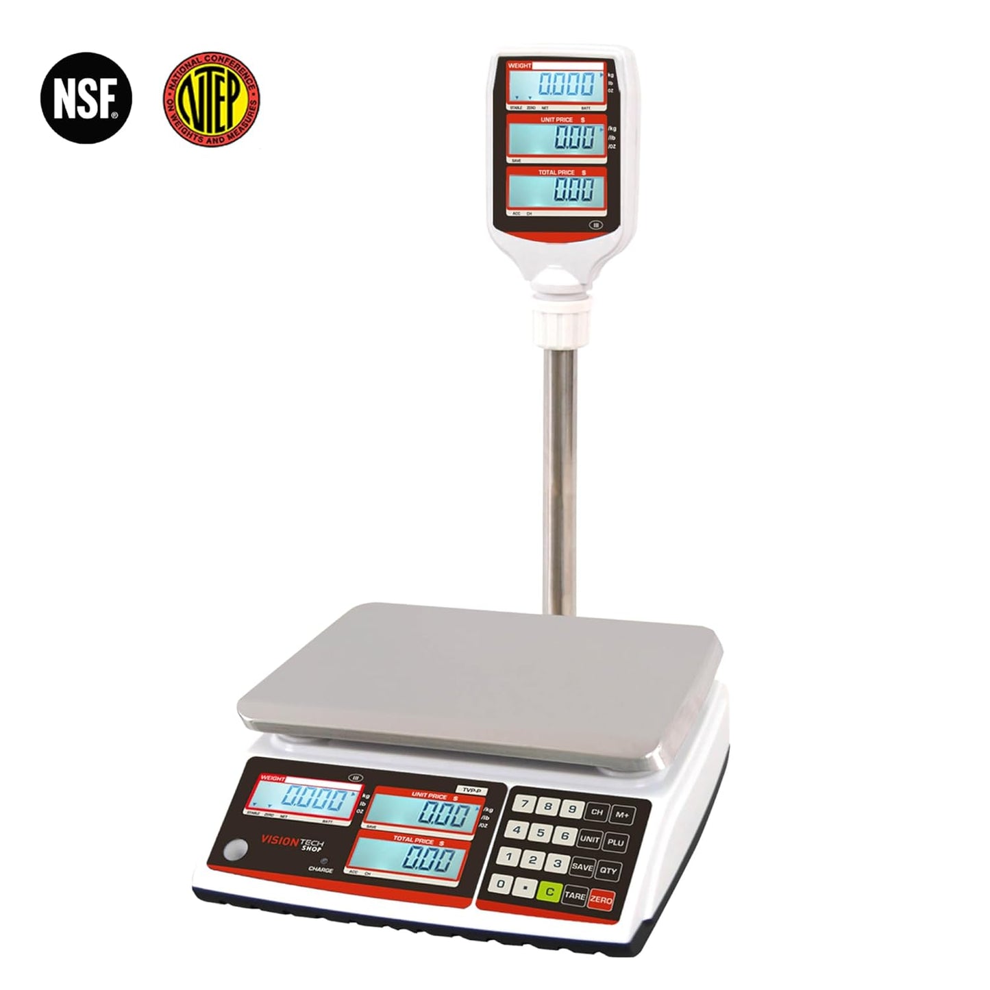 VisionTechShop TVP-30P Price Computing Scale with Pole Display, Lb/Oz/Kg, 30lb Capacity, 0.005lb Readability, NTEP, NSF Certified, LP-50 Thermal Label Printer, 1 Case of Labels LST8060