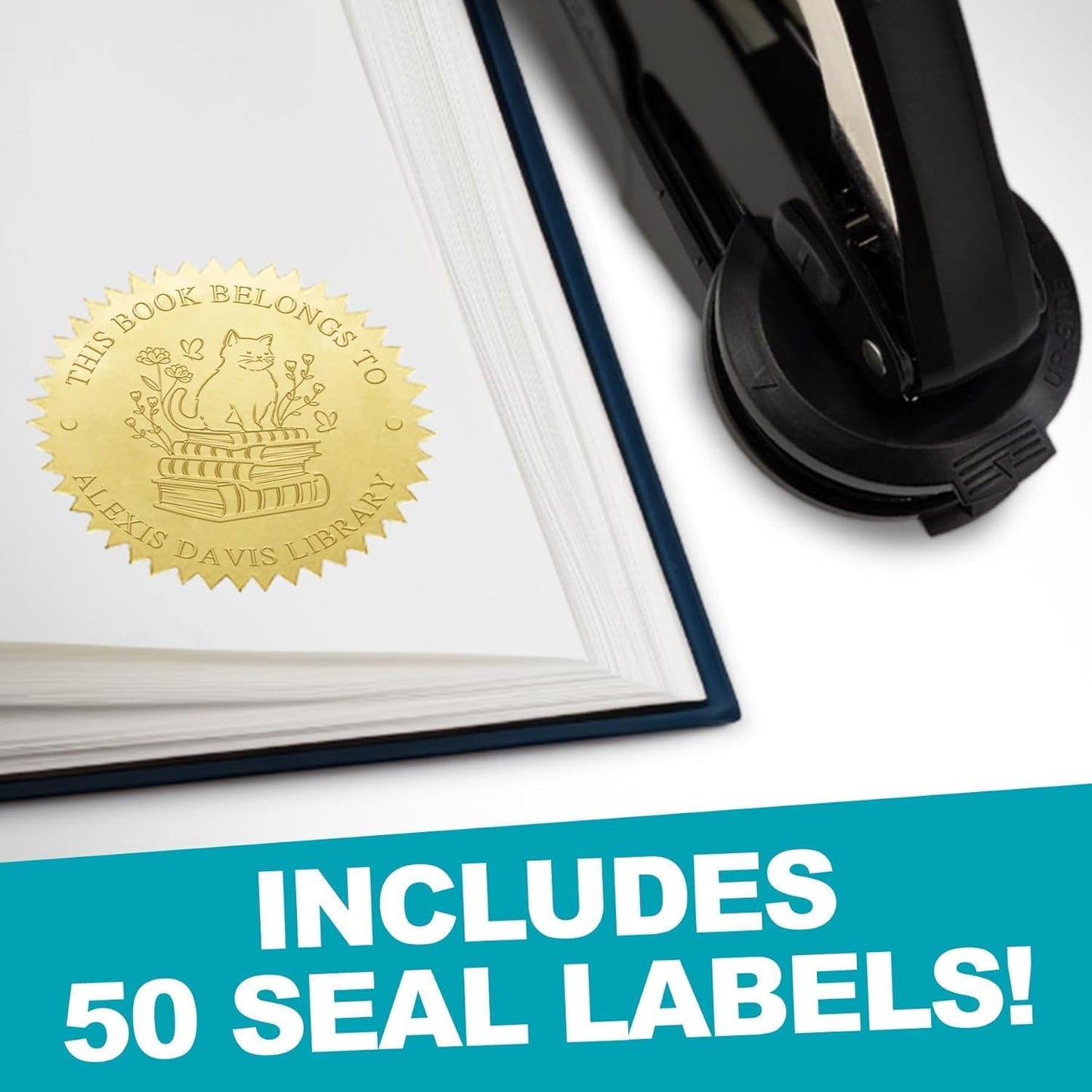 Custom Library Embosser - Style 115 - Embosser, Wood Stamp or Self Inking Stamp - Book Embosser Includes 50 Gold Seals - Custom Stamp Seal from The Library of