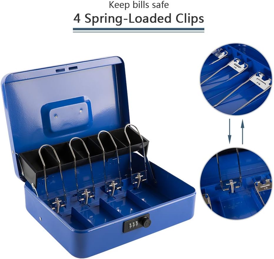 KYODOLED Large Cash Box with Combination Lock,Money Box with Cash Tray, Lock Safe Box with Key,Money Saving Organizer,11.81Lx 9.45Wx 3.54H Inches,Blue XL Large