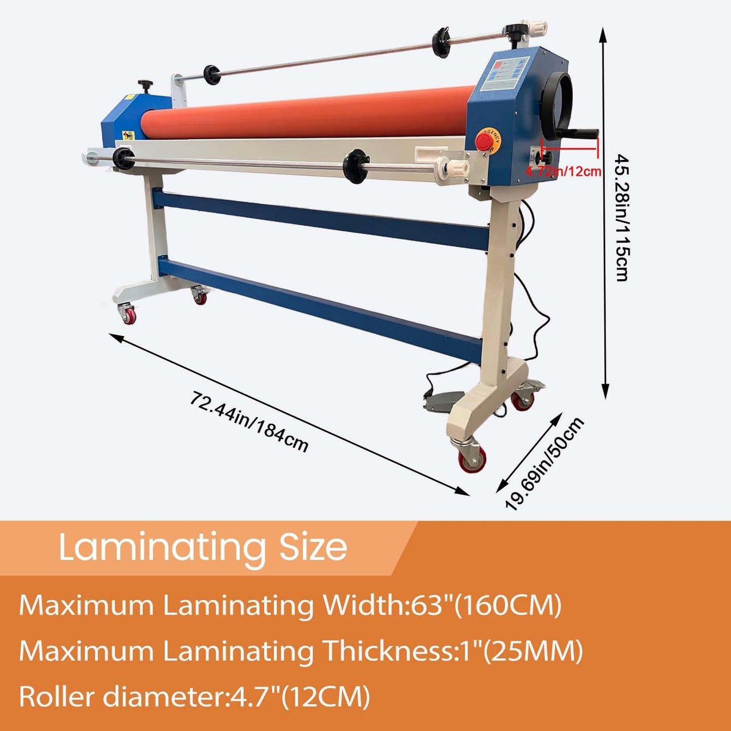 63in Industrial Cold Laminator Electric Manual Cold Roll Laminating Machine with Wide Format Film Hold Rod Casters Vinyl Photo Laminating Machine Soft Rubber Roller for Commercial Offices