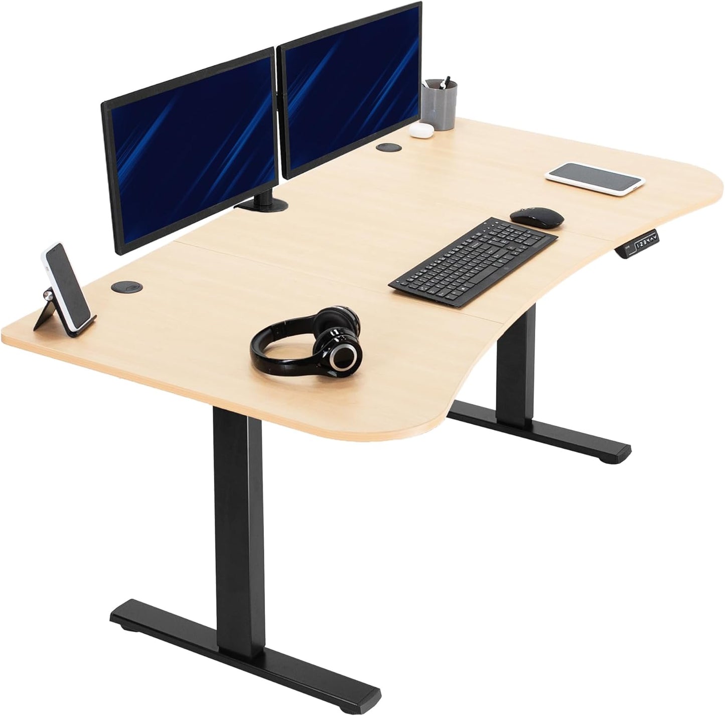VIVO Electric 63 x 32 in Standing Desk, Memory Height Adjustment, 1B Series, Light Wood Top Black Frame, DESK-KIT-1B1C