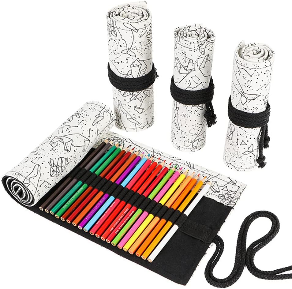 DIYOMR 24/36/72 Slots Pencil Wrap Pencil Rolls, Artist Colored Pencils Roll Up Bag Short Brushes Pouch Case Pencils Organizer for Drawing Coloring and Sketching (White Starry Sky, 36slots)