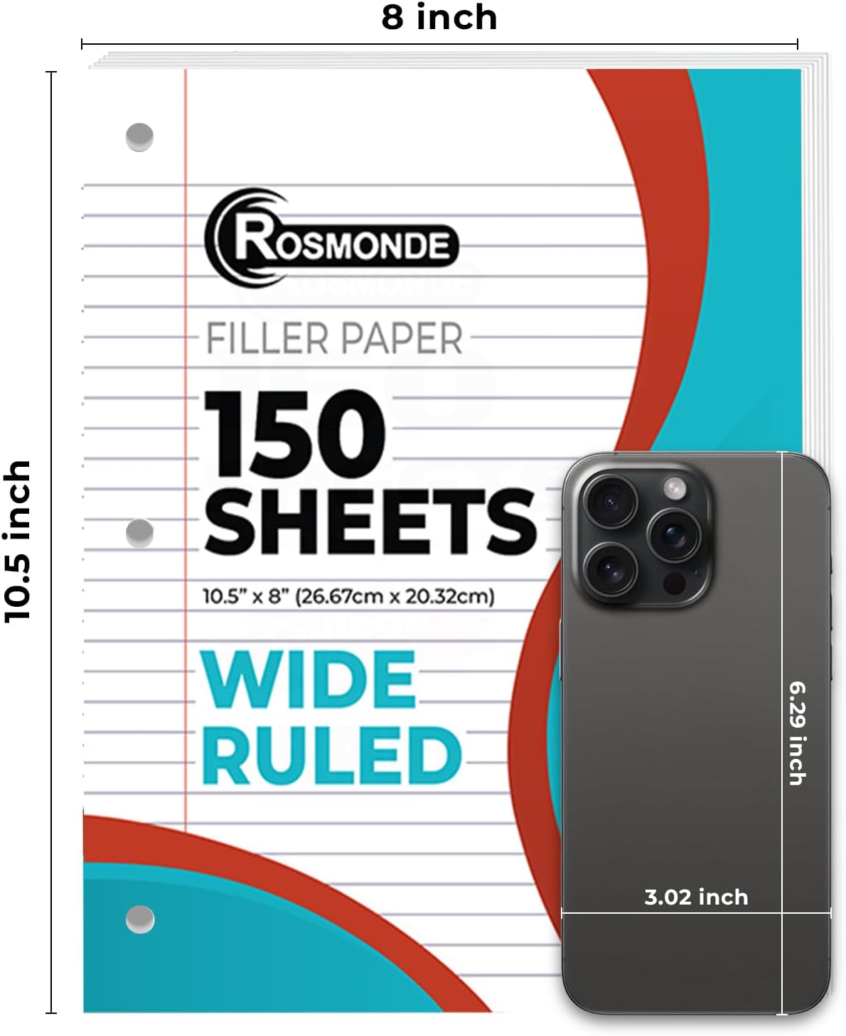 Loose Leaf Paper Bulk, 7200 Sheets, Wide Ruled, 8 x 10.5", Filler Papers for Office, 56 Gsm Thick Sheets, 3 Hole Punched for Binders, 48 Pack, 150 Sheets/Pack, Bulk Notebook Paper, White