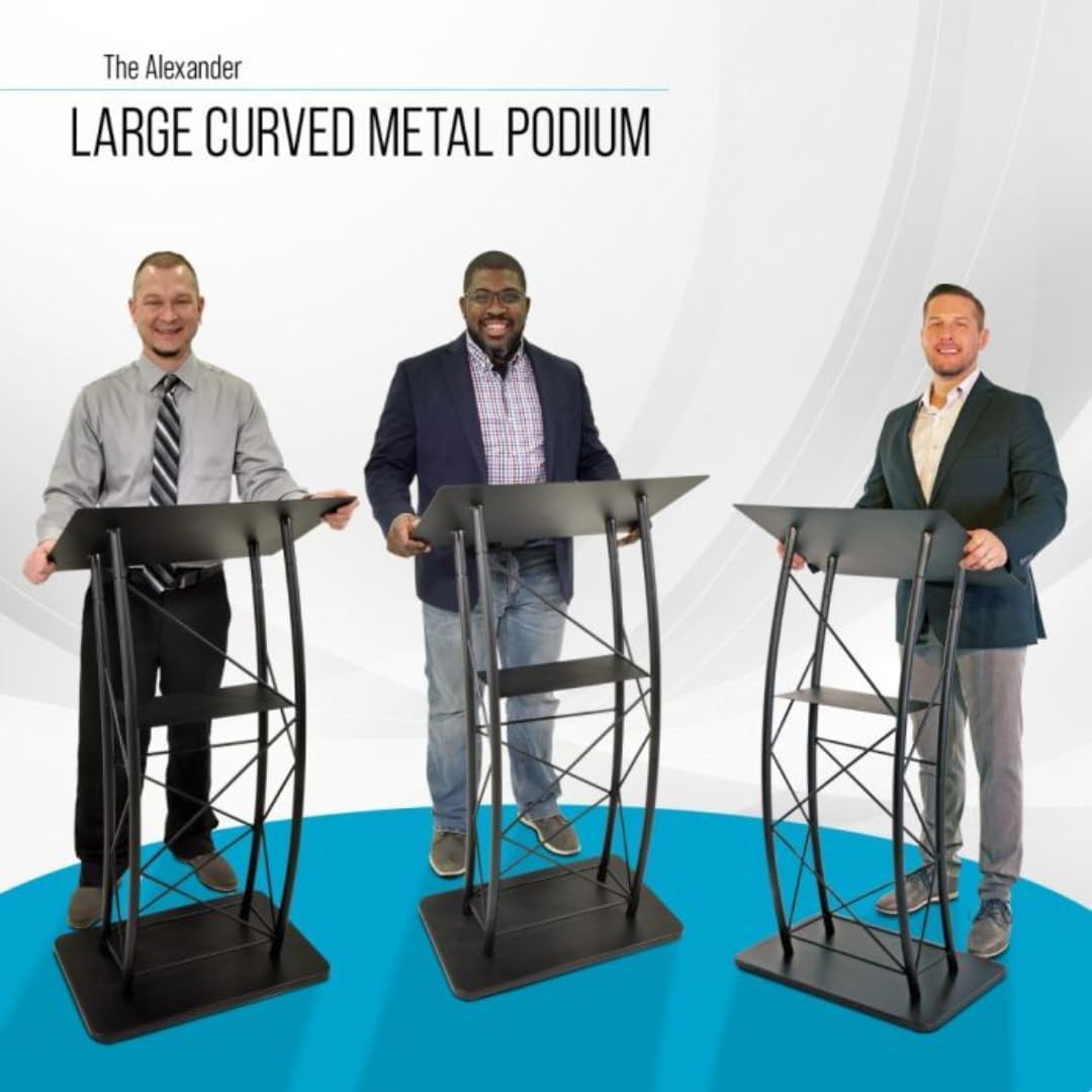 Kingdom KMLSTL Large Curved Metal Lectern, Podium or Pulpit with Durable Powder Coat Finish and a Built-in Shelf - Black