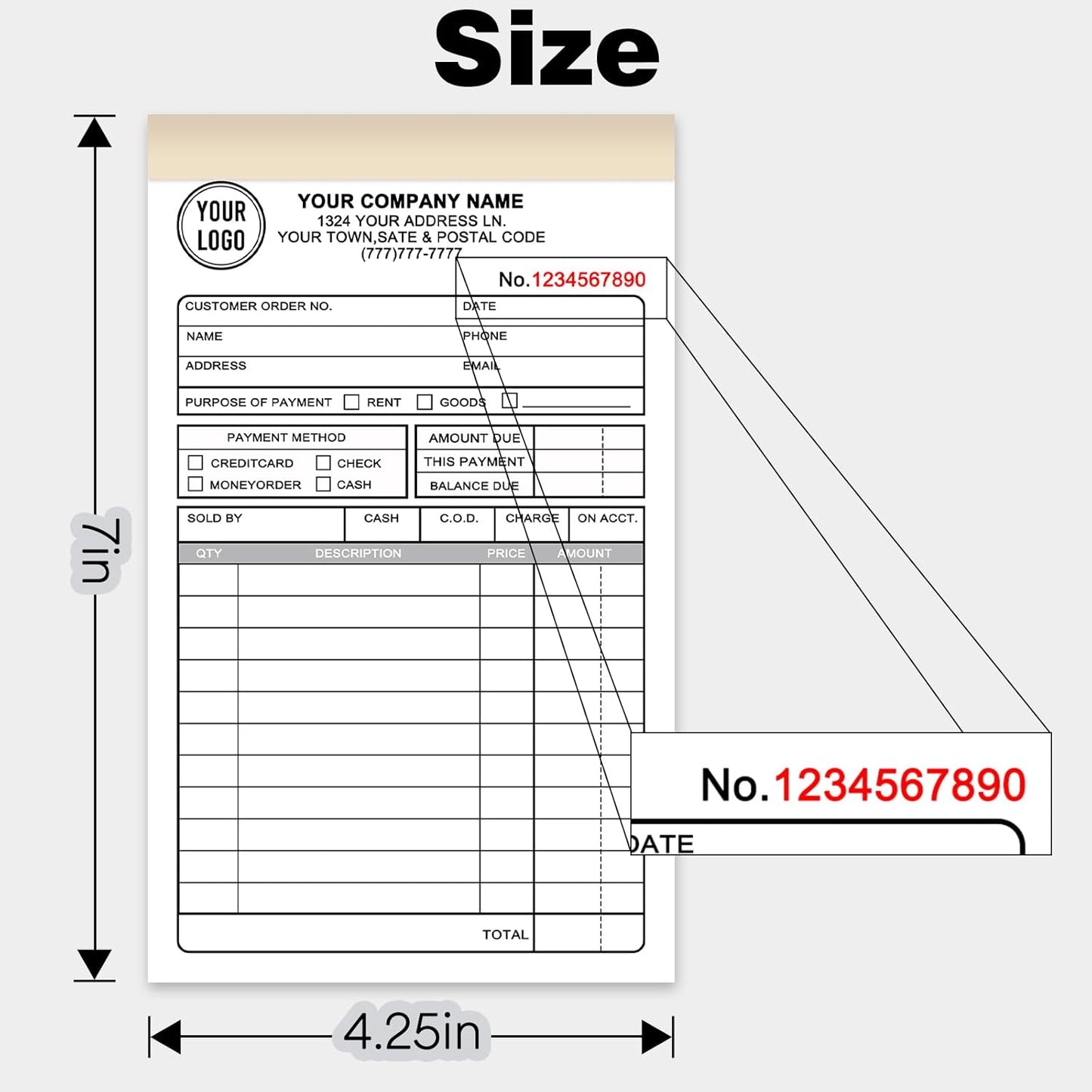 Custom Invoice Receipt Book for Small Business 4.25x7" Personalized 3-Part Contractor Duplicate Carbonless Sales Forms with Company Name Address Phone Number 150 Sets