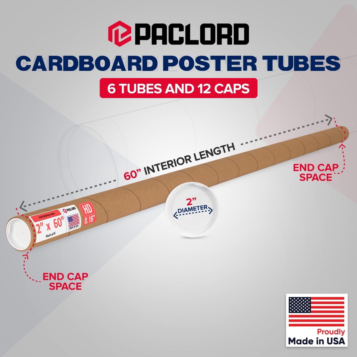 2" x 60" Heavy-Duty Reinforced Cardboard Mailing Tube, Pack of 6 Tubes with 12 Caps – Secure USPS Approved – Great for Shipping and Storing of Prints, Artwork, Posters or Documents