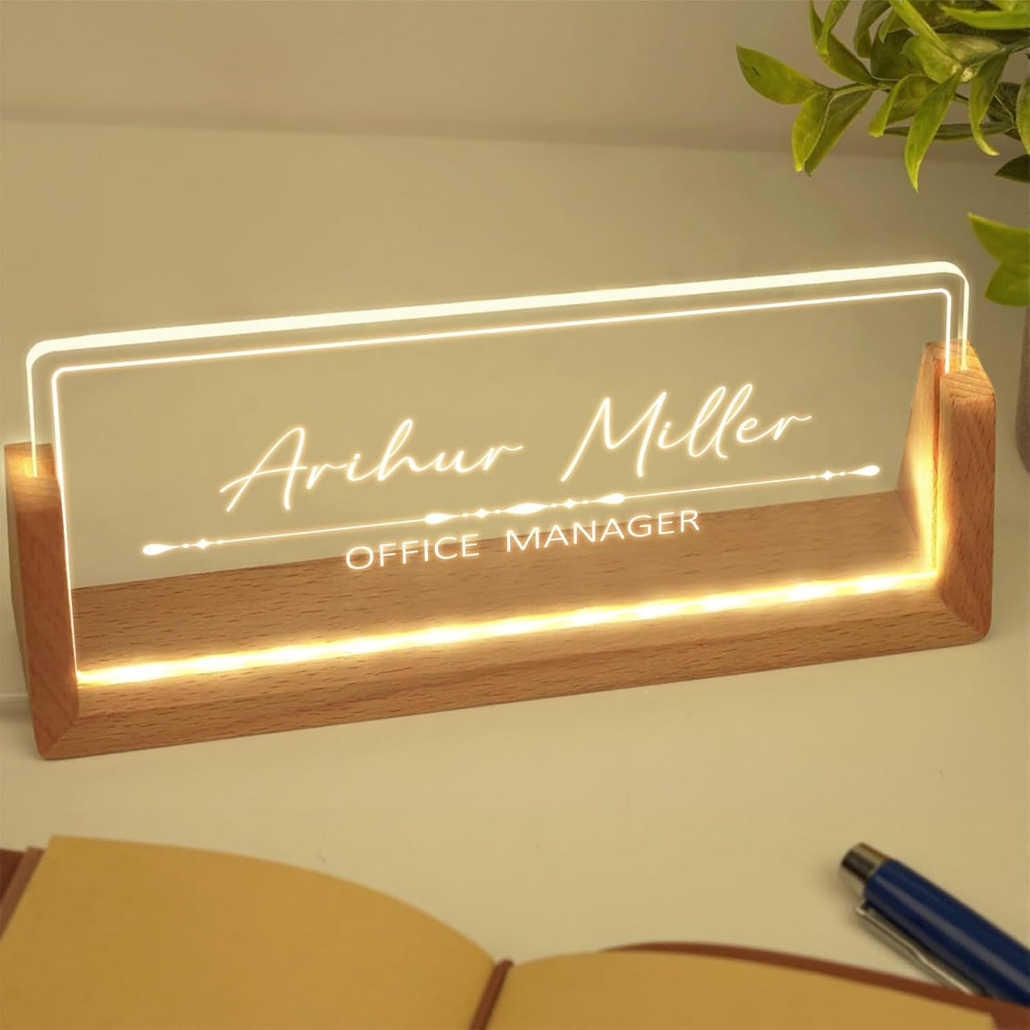 Custom Name Plate for Desk with Light Up Acrylic & Wooden Base - Personalized Office Sign for Teacher, Boss, Coworker - Employee Appreciation Gift for Educators Professionals