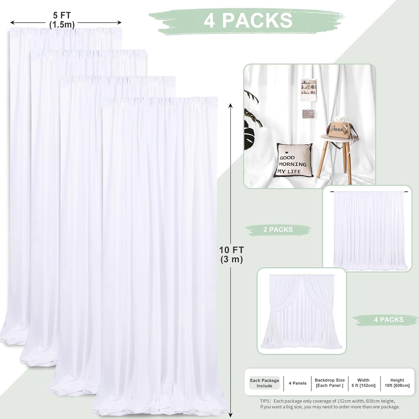White Backdrop Curtains 4 Panels 5ft x 10ft Photo Polyester Backdrop Drapes for Wedding Party Background Decorations
