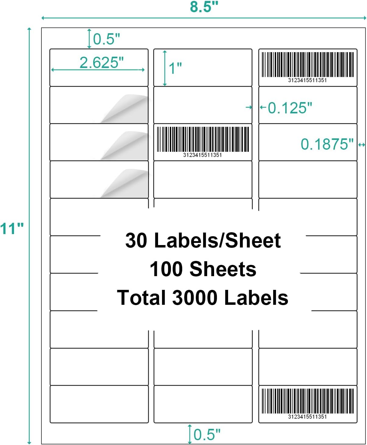 100 Sheets 3000 Labels Address Labels Sticker for Laser & Inkjet Printer, 1" x 2-5/8" White Blank Printable Shipping Address Labels, Strong Adhesive for FBA Label, Easy to Peel