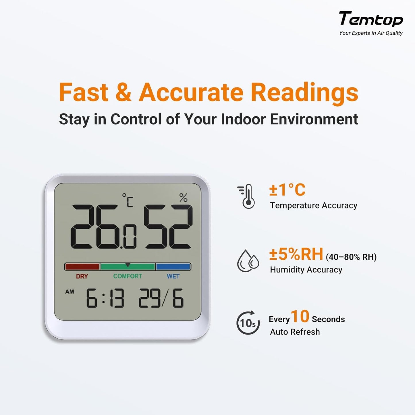 Temtop Indoor Thermometer Hygrometer, Precision Digital Temp/Humidity Monitor with Magnet & 3M Sticker, Date & Time, Wall/Magnet/Stand Mount, for Home, Office, Nursery, T1-SE