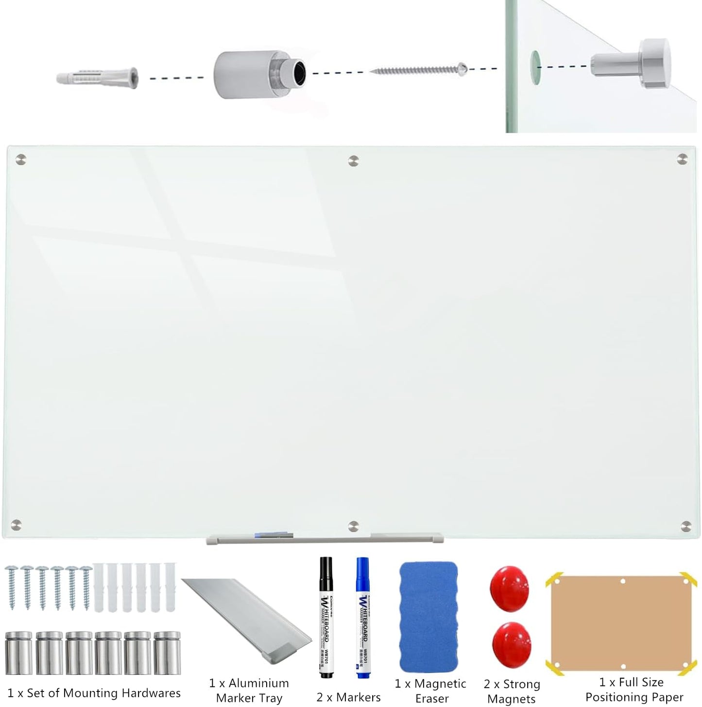 Glass Whiteboard Magnetic Dry Erase Board 6' x 4', Large Frameless Glass White Boards for Wall Office School Home.