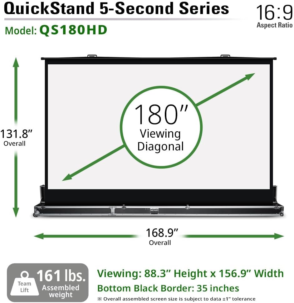 Elite Screens QuickStand 5-Second Series, 180-INCH 16:9, Manual Pull Up Projector Screen, Movie Home Theater 8K / 4K Ultra HD 3D Ready, 2-YEAR WARRANTY, QS180HD
