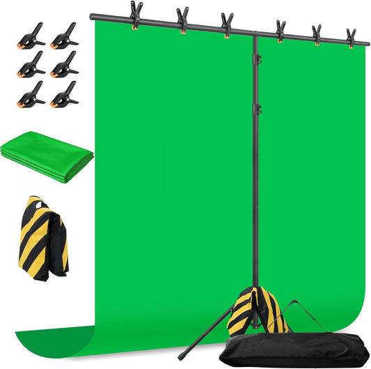 Green Screen Backdrop with Stand, 6.5x5ft Portable Greenscreen Background with Stand, T-Shape Green Screen Stand kit with 6 Spring Clamps, Sandbag, Carry Bag for Zoom, Video, Streaming and Photoshoot