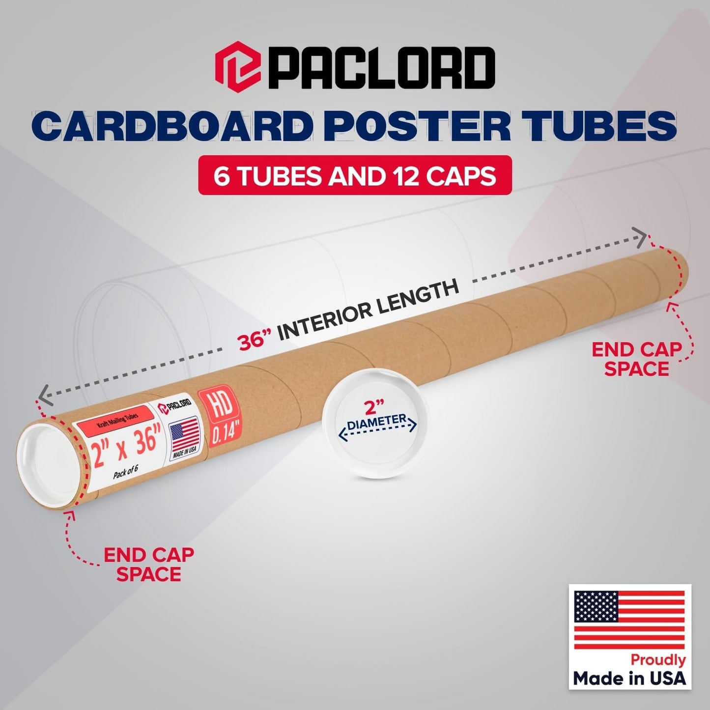 2" x 36" Heavy-Duty Reinforced Cardboard Mailing Tube, Pack of 6 Tubes with 12 Caps – Secure USPS Approved – Great for Shipping and Storing of Prints, Artwork, Posters or Documents