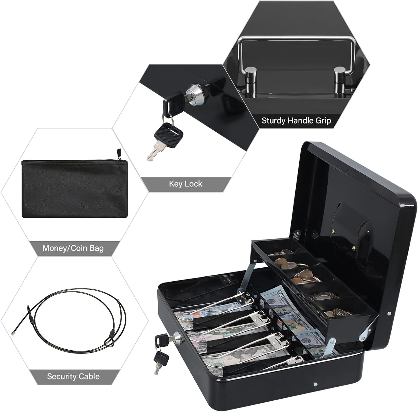 KYODOLED Cash Box with Money Tray, Key Lock Money Safe with Security Cable and Waterproof Bag, 11.81L*9.45W*3.54H inch, Black X Large