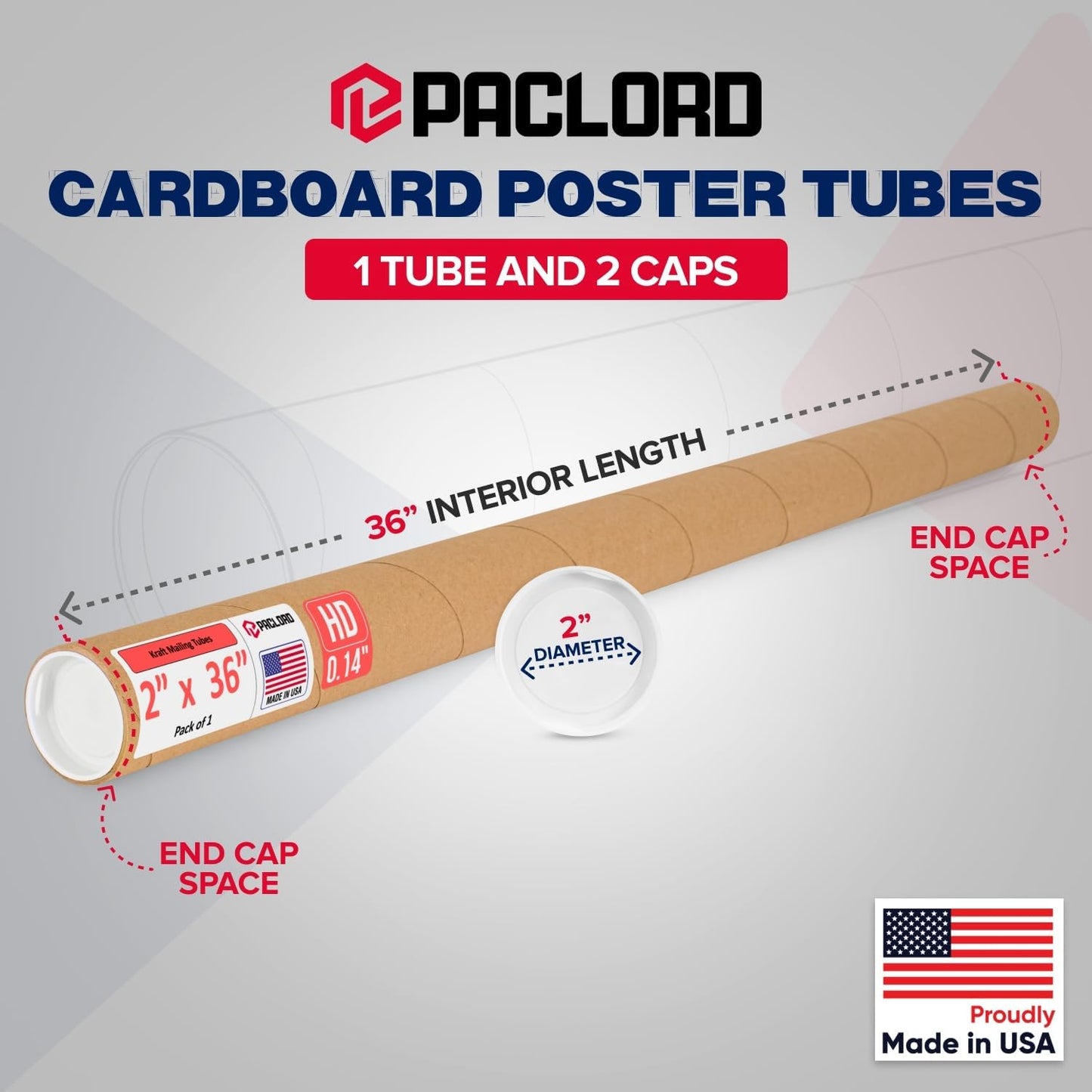 2" x 36" Heavy-Duty Reinforced Cardboard Mailing Tube, Pack of 1 Tube with 2 Caps – Secure USPS Approved – Great for Shipping and Storing of Prints, Artwork, Posters or Documents
