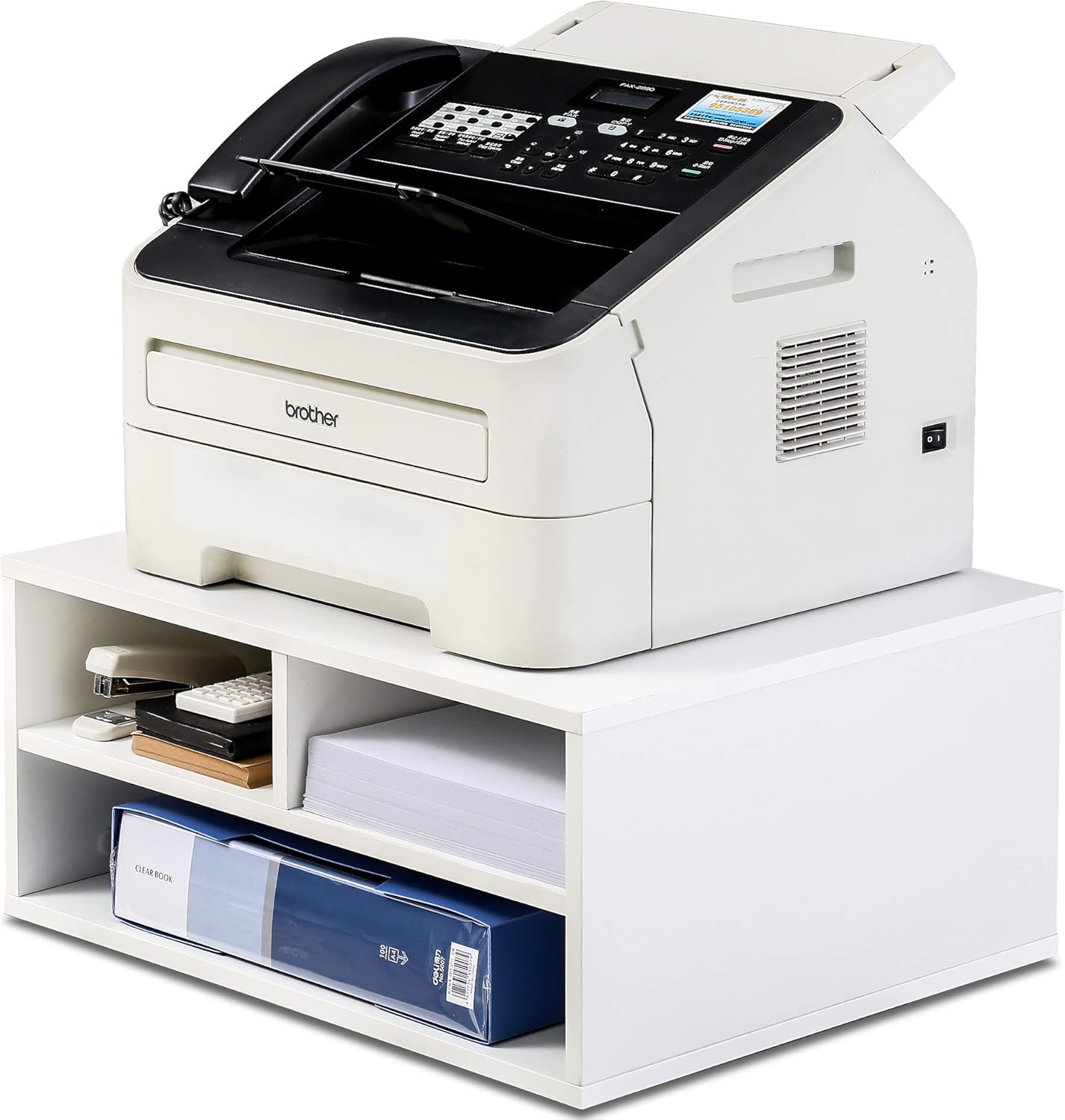 FITUEYES Large Printer Stand with 3 Storage Compartments, Desk Paper Organizer for Home Office, 2-Tier Wood Printer Shelf, White, 18.9" L x 15.7" W x 8.7" H