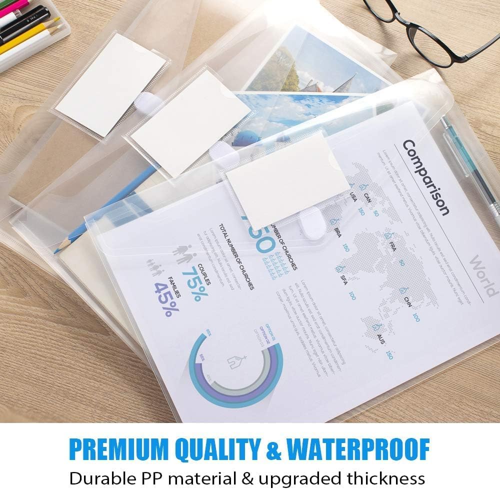 Sooez 5 Pack Plastic Envelopes Poly Envelopes, Clear Document Folders US Letter A4 Size File Envelopes with Label Pocket for School Home Work Office Organization, Clear