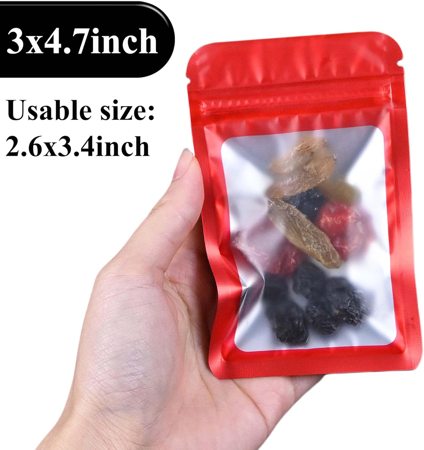 Resealable Mylar Pouch Bag Great for Office Home Party Favor Food Storage (100PCS, Red Color, 3 x 4.7 inch)