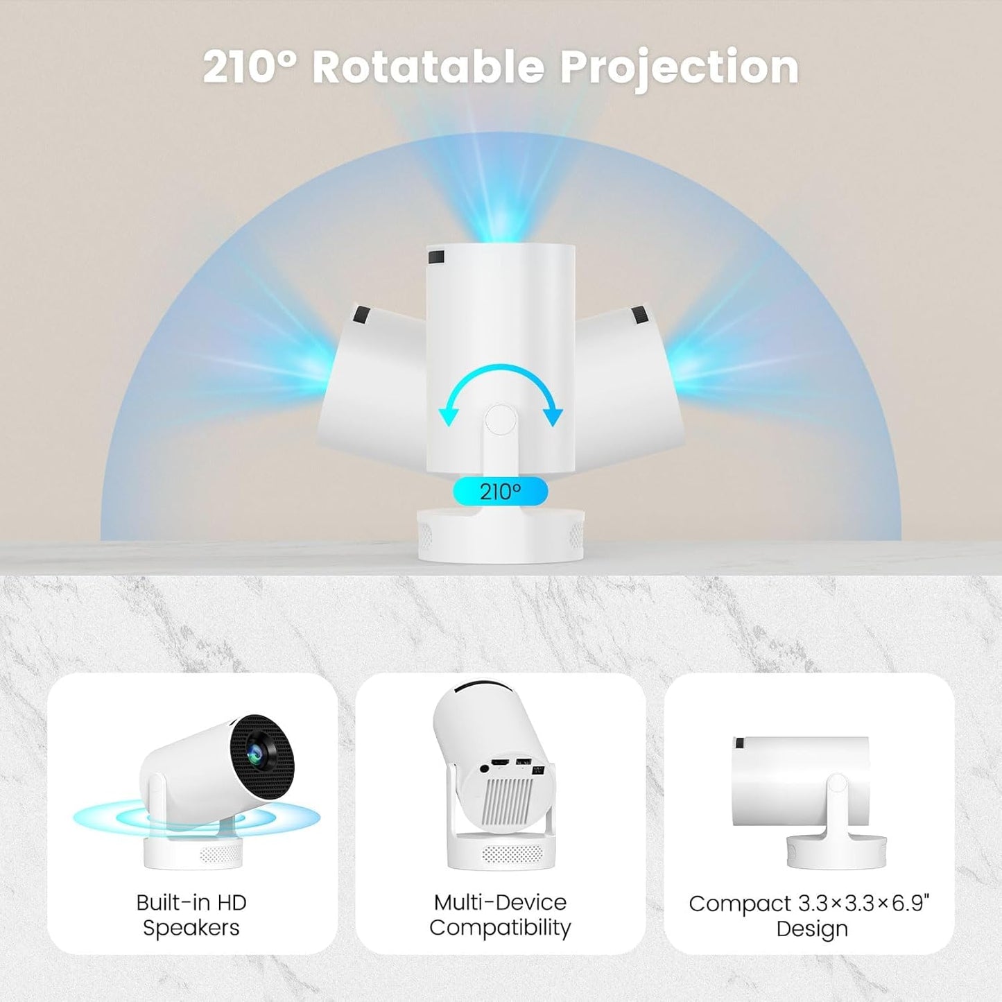 Mini Portable Projector with WiFi and Bluetooth, 4k 1080P Video Projector Support 5w Sound Base Speaker, 200 ANSI, 210° Rotation, Auto Vertical Keystone for Home Bedroom Outdoor, HY300 Ultra