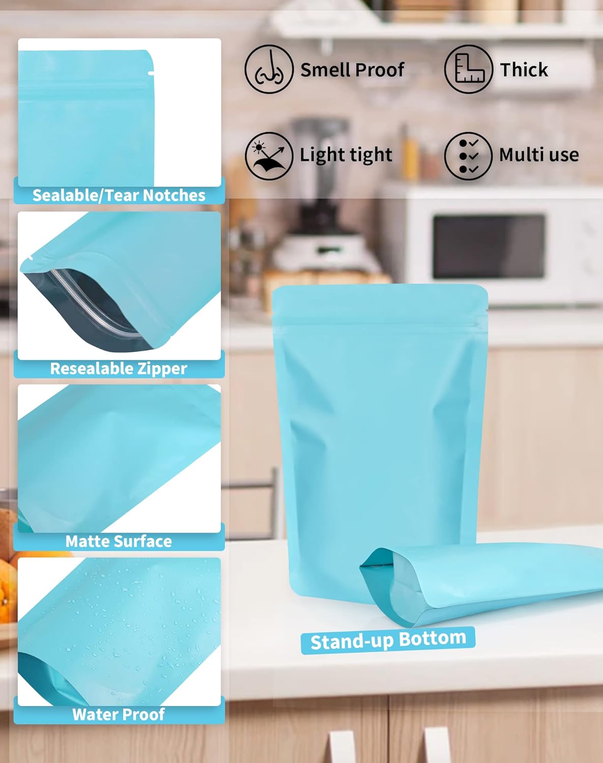100 Pack Resealable Stand Up Bags,6.3" x 9.4" Smell Proof Pouch Sealable Foil Pouch Bags for Packaging (Blue)