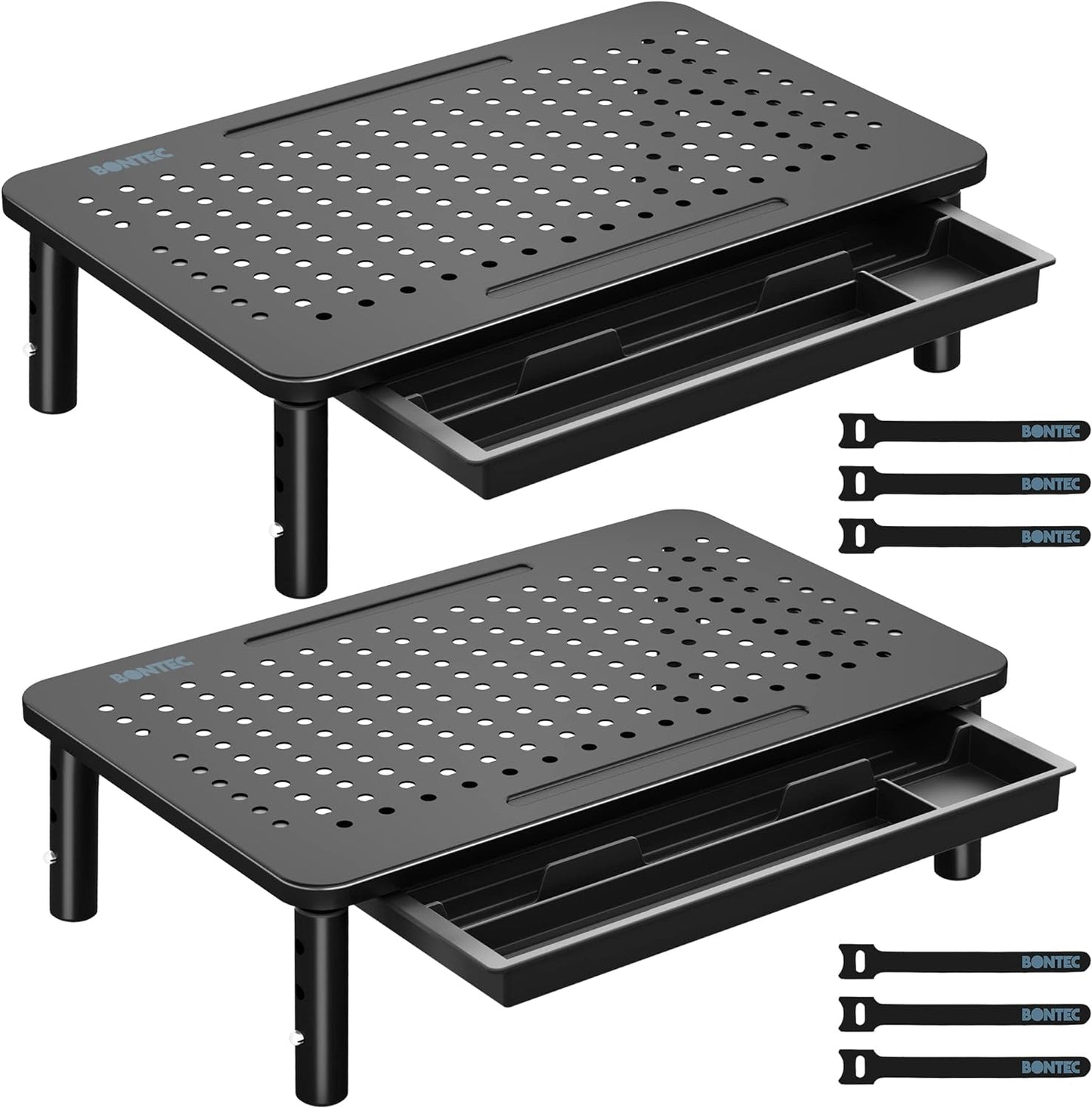 BONTEC 2 Pack Adjustable Monitor Stand Riser with Drawer, Ergonomic Mesh Platform Computer Monitor Stand for Desk, Ventilated Laptop and PC Stand with Cable Management, Supports up to 44lbs