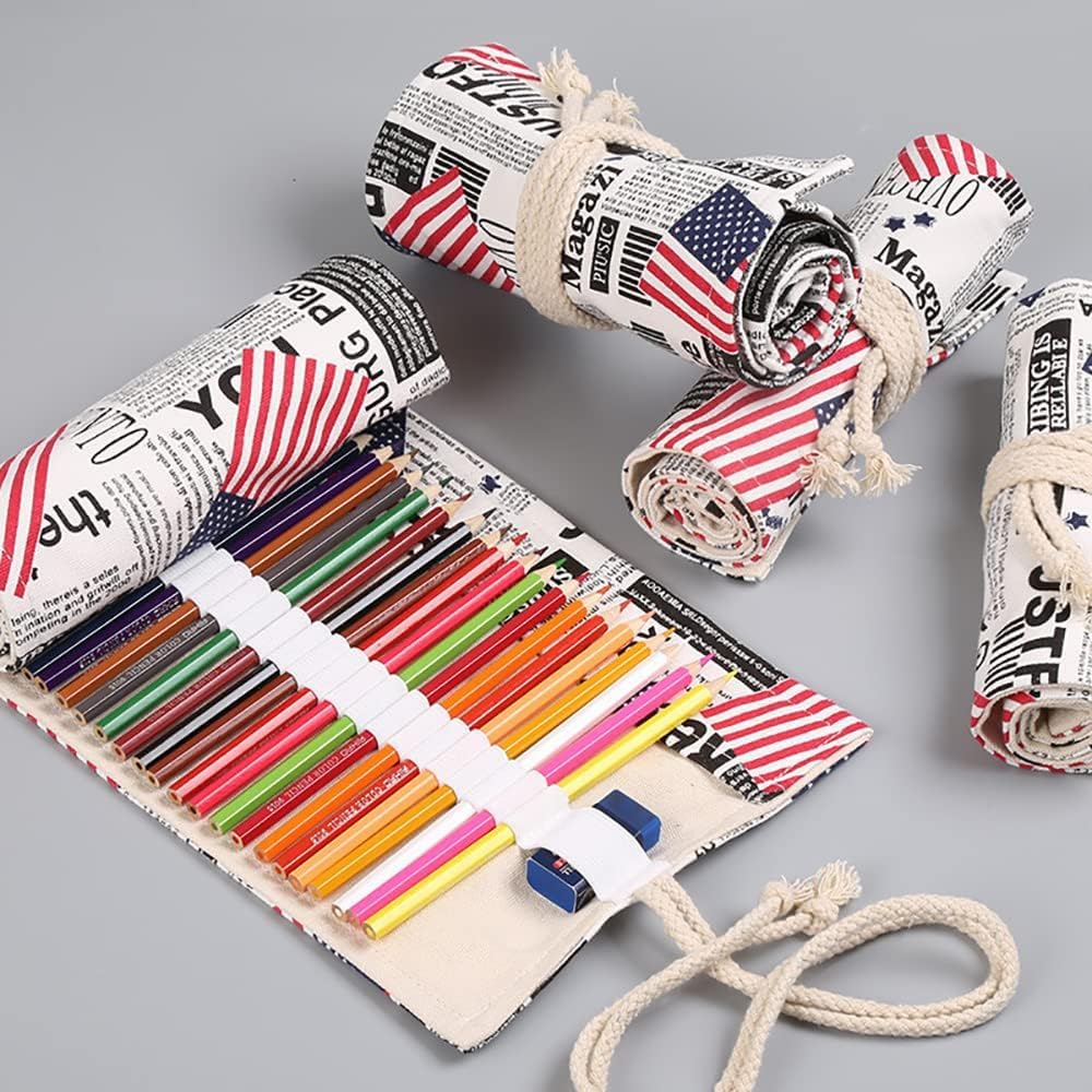 DIYOMR 12/24/36/72 Slots Pencil Wrap Pencil Rolls, Artist Colored Pencils Roll Up Bag Short Brushes Pouch Case Pencils Organizer for Drawing Coloring and Sketching, No Pencils (Flag, 12slots)