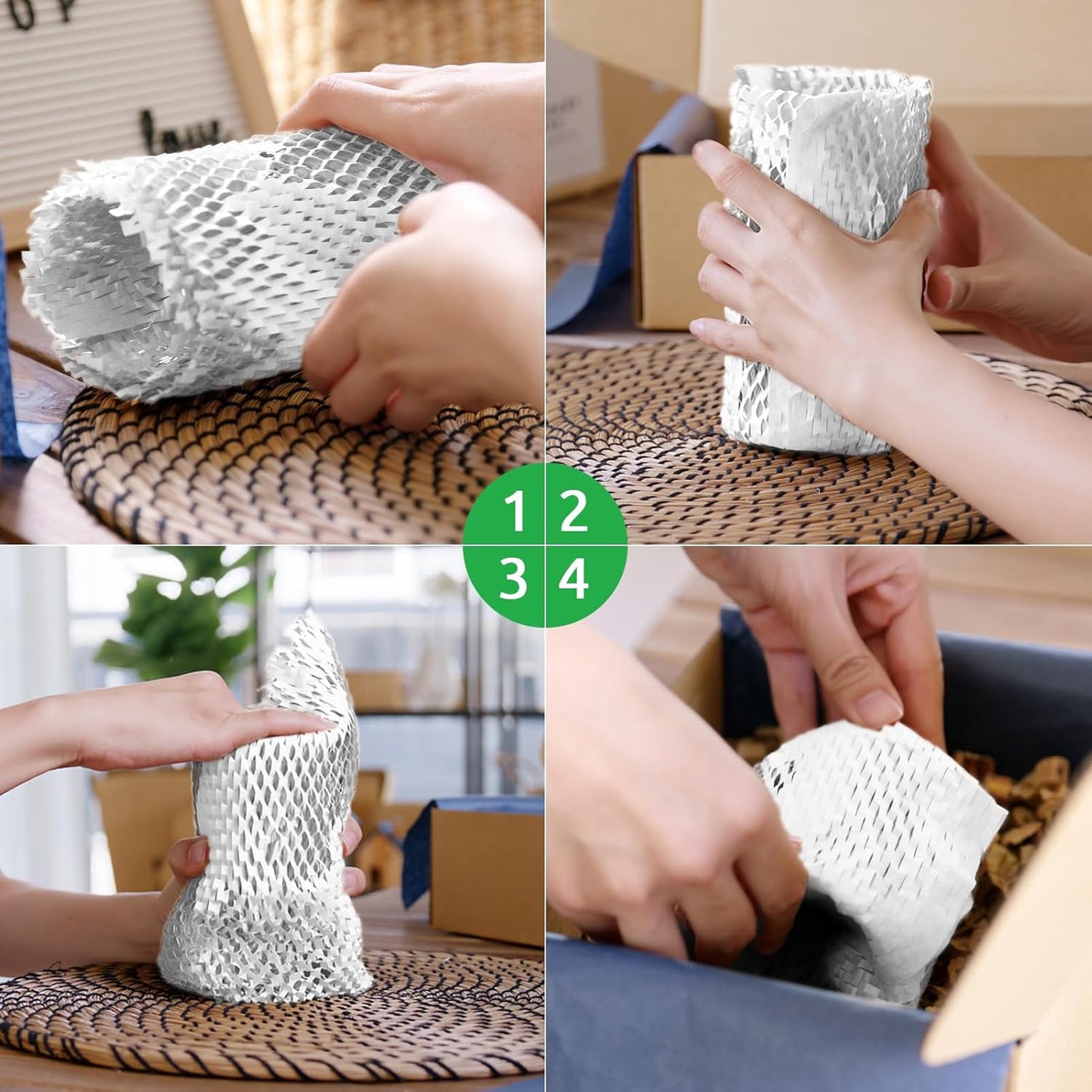 Honeycomb Packing Paper PINENUTS 15" x 131' Eco Friendly Packing Paper for Moving Recyclable Honeycomb Paper Bubble Paper Wrapping with 30 Fragile Sticker Labels and 66fthemp rope (White)