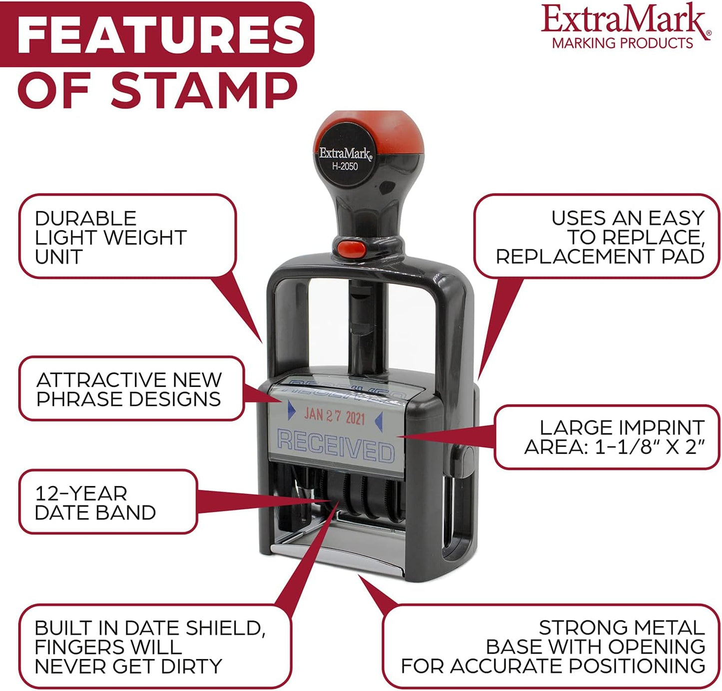 Heavy Duty Style Office Date Stamp with Scanned - Self Inking Dater - Style C - Red Ink Color