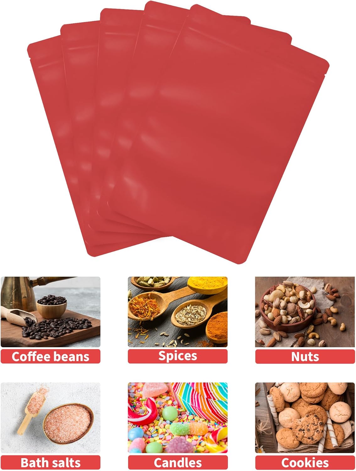 100 Pack Resealable Stand Up Bags,Smell Proof Pouch Sealable Foil Pouch Bags for Packaging (Red, 3.5" x 5.1")
