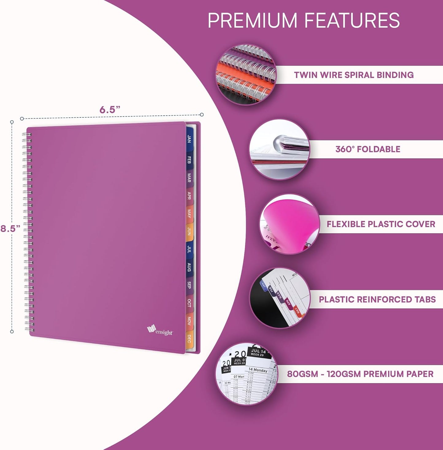 Ensight 2026 Appointment Book & Planner Ensight 6.5 x 8.5 inches Large Tabbed Daily Hourly Weekly Planner Schedule Book 30 Minute time Slots Business & Personal Planner Jan 2026 Dec 2026 Magenta