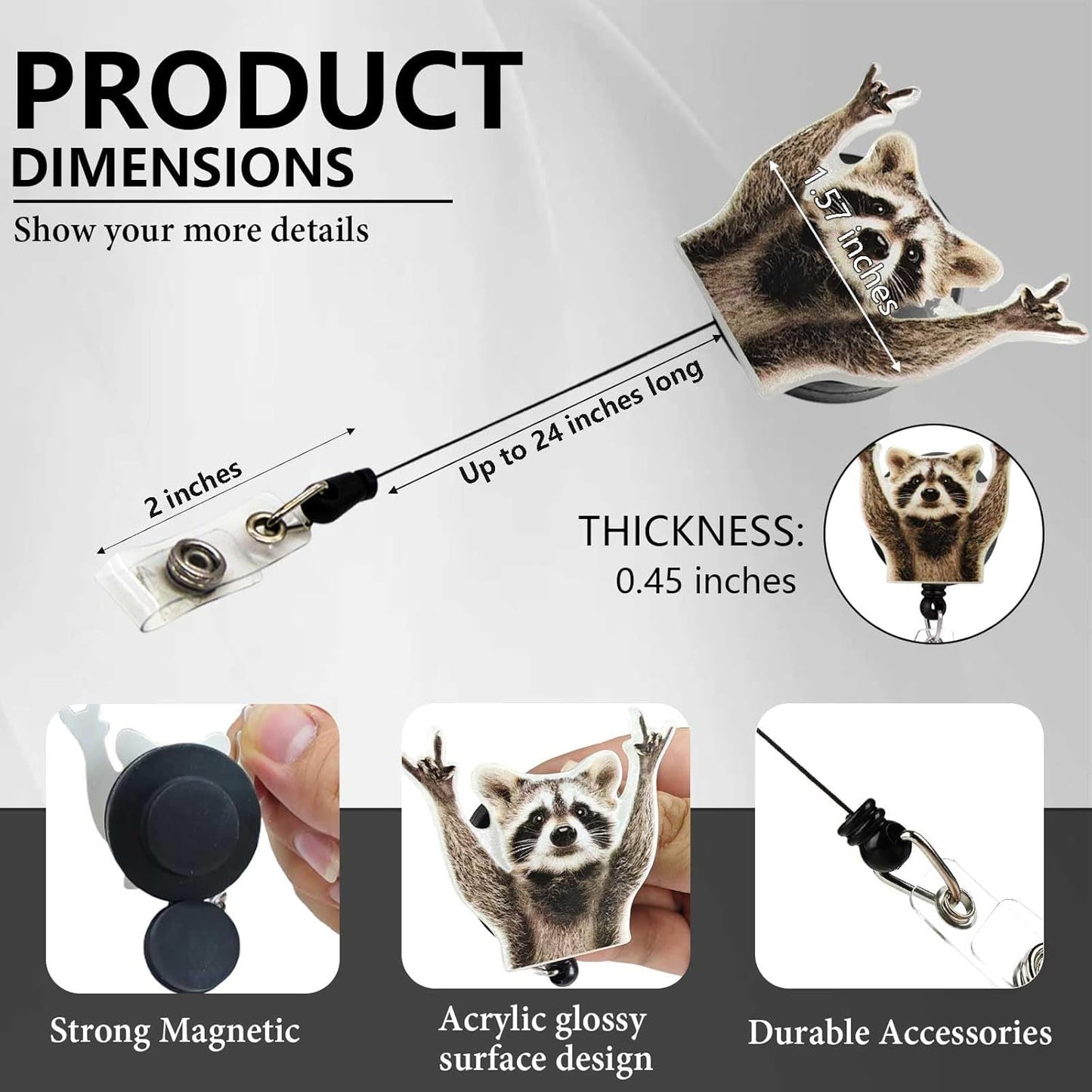 Magnetic Badge Holder with Strong Magnet Back, Rock Raccoon Retractable Badge Reel, ID Card Clip for Nurses, Teachers, Office Professionals