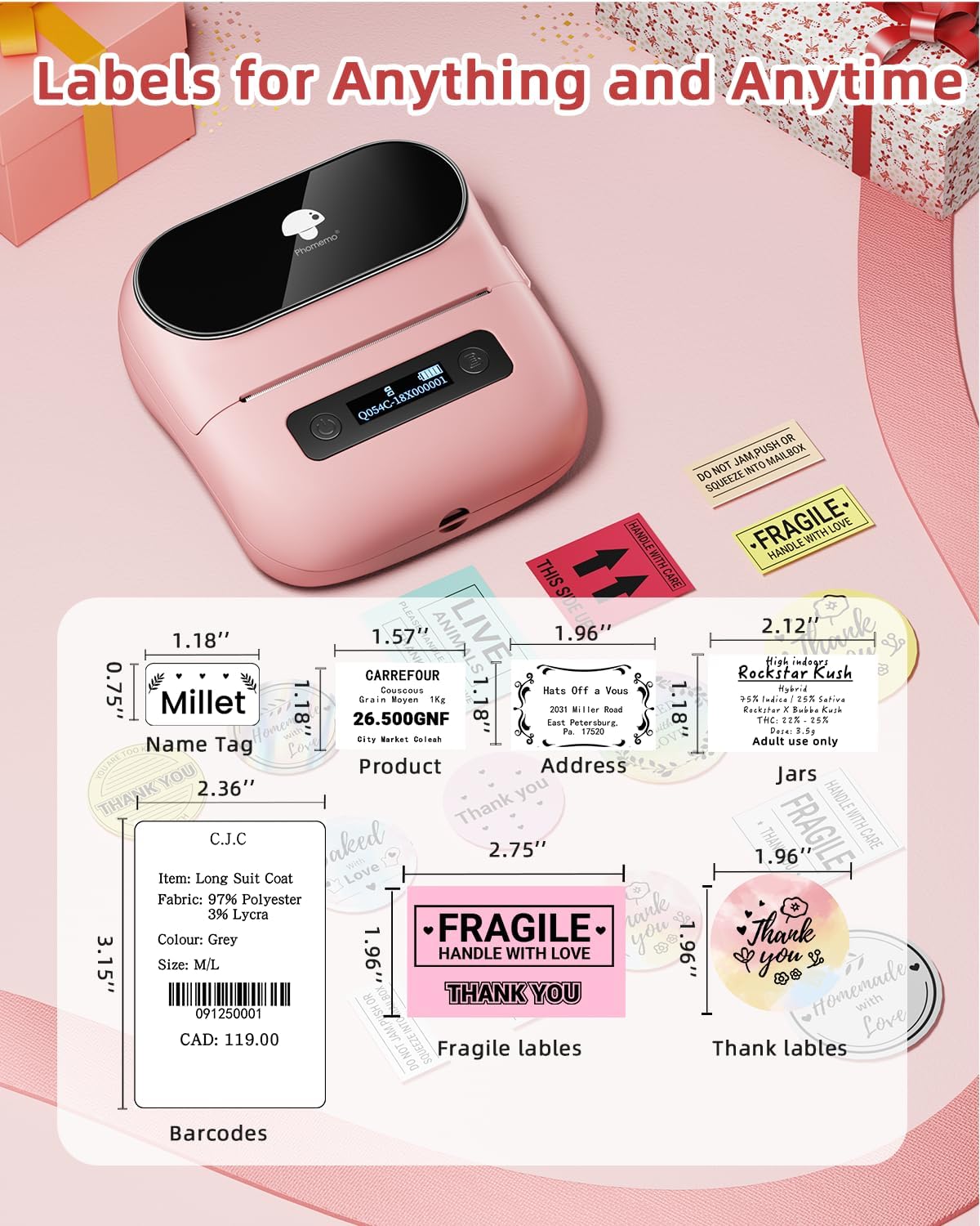 Phomemo M220 Bluetooth Label Maker Machine,Label Printer for Small Business, Office, Home & School, Portable Label Maker with 200+ Templates,100+ Fonts,1000+ Icons, Compatible with Phone, PC