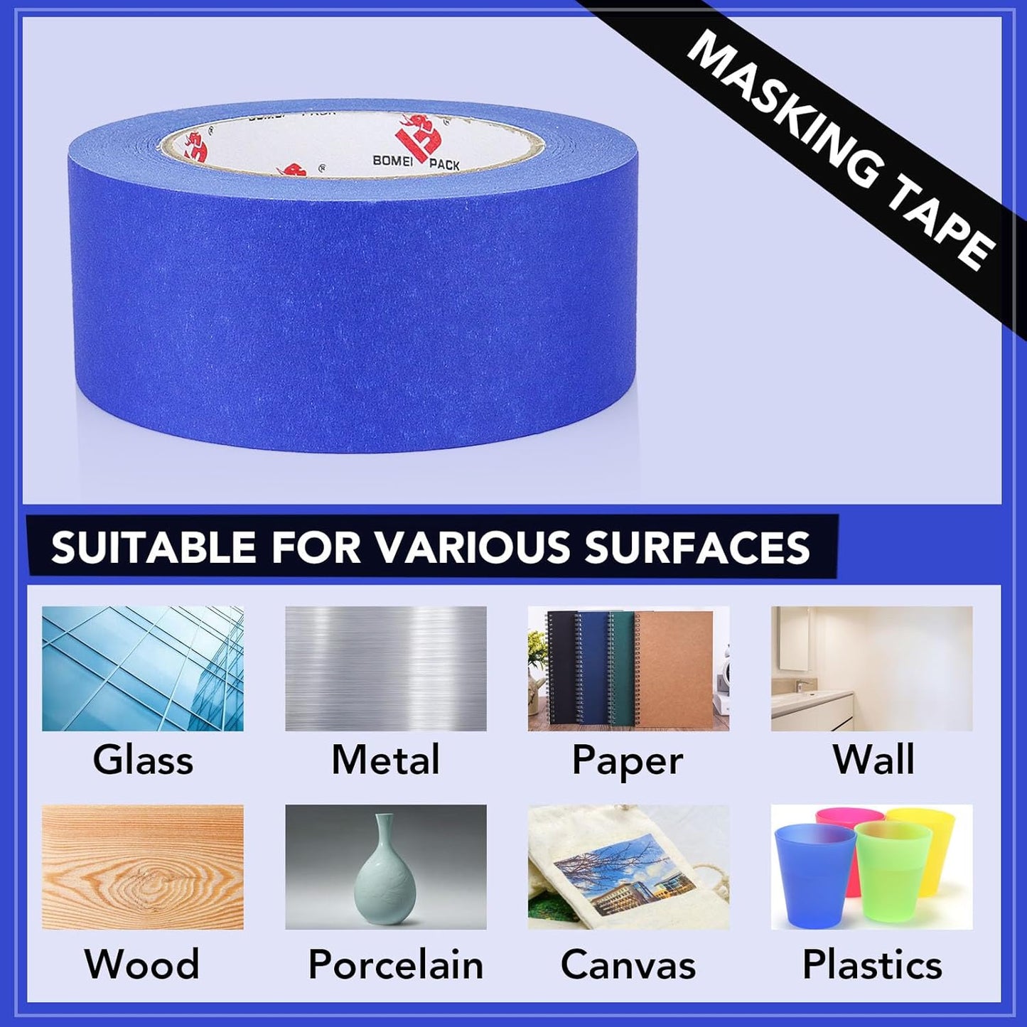 BOMEI PACK 10 Rolls Painters Tape 2 inch Wide, Painter's Tape Blue Masking Tape 2 inch x 55 Yards for Walls Painting, Home Improvement and School Projects, Total 550 Yards