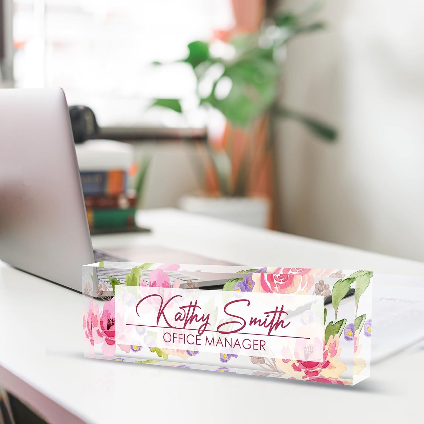 Personalized Name Plate for Desk, Custom Desk Name Plate, Acrylic Name Plate Office Desk Accessories, Personalized Office Gifts for Coworkers Teachers, Employee Appreciation Gifts (A-Watercolor)