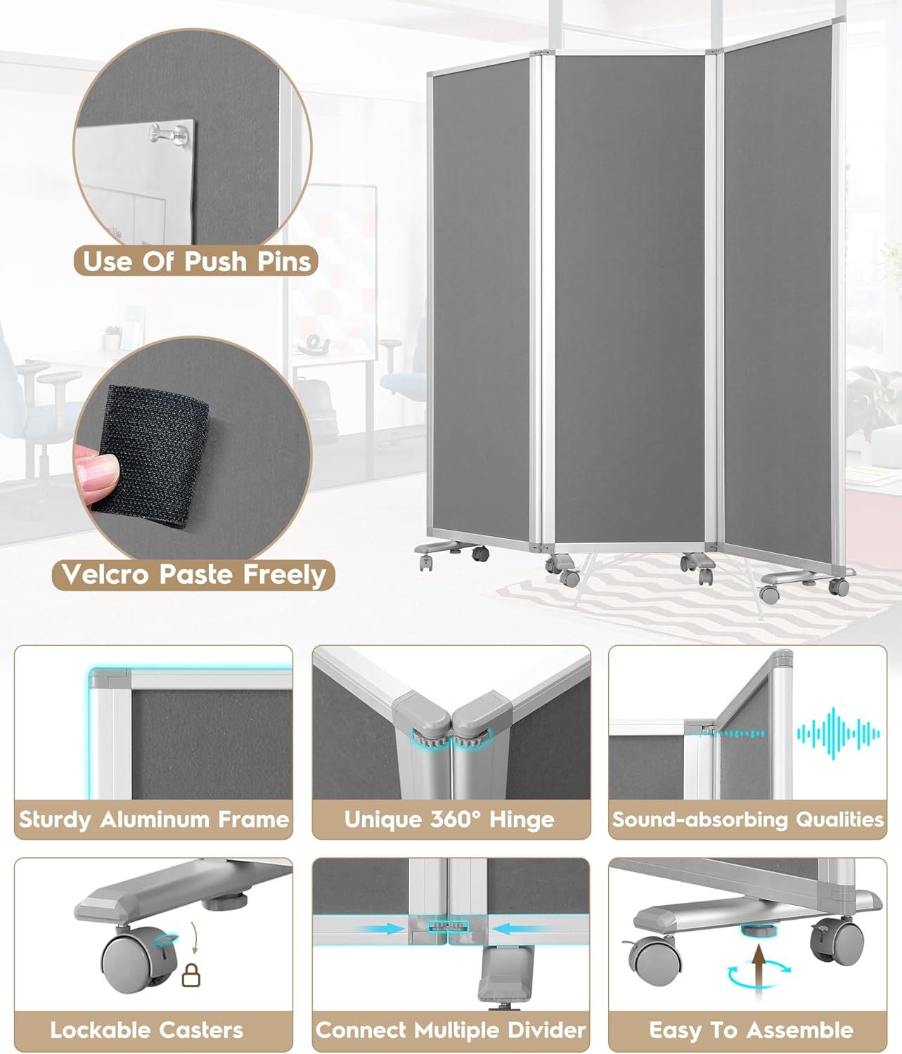 Flodable Wall Partition Sliding Office Dividers Workstation Privacy Panels Freestanding Rolling Screen,Grey Fabric,71" H x 24" W,Locking Wheel
