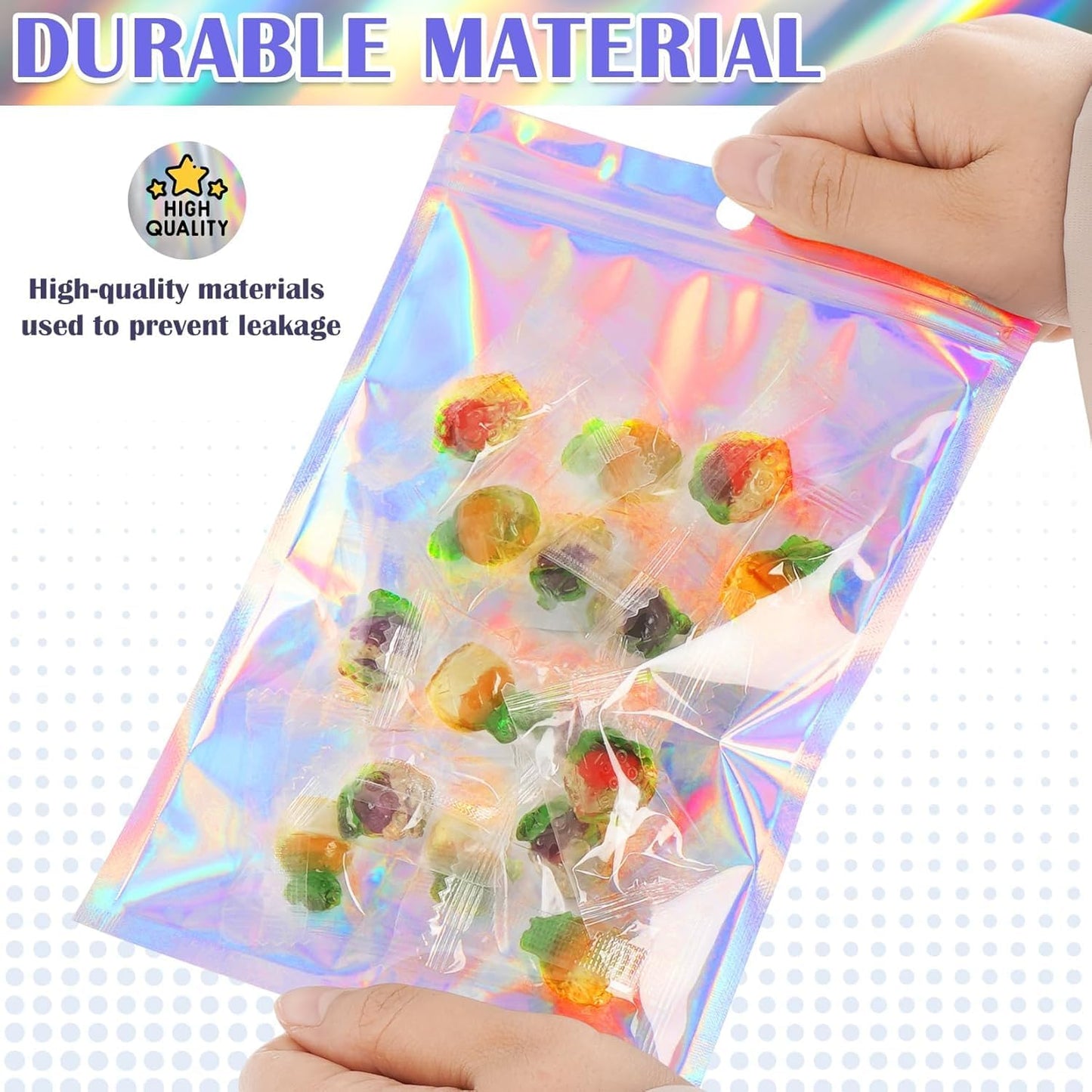 300 Pcs Mylar Bags, Smell Proof Bags Foil Pouch, Holographic Resealable Bags for Small Business, Candy Sample Jewelry Bag Sealable Packaging for Party Favor Food Storage (5.5x7.9in)