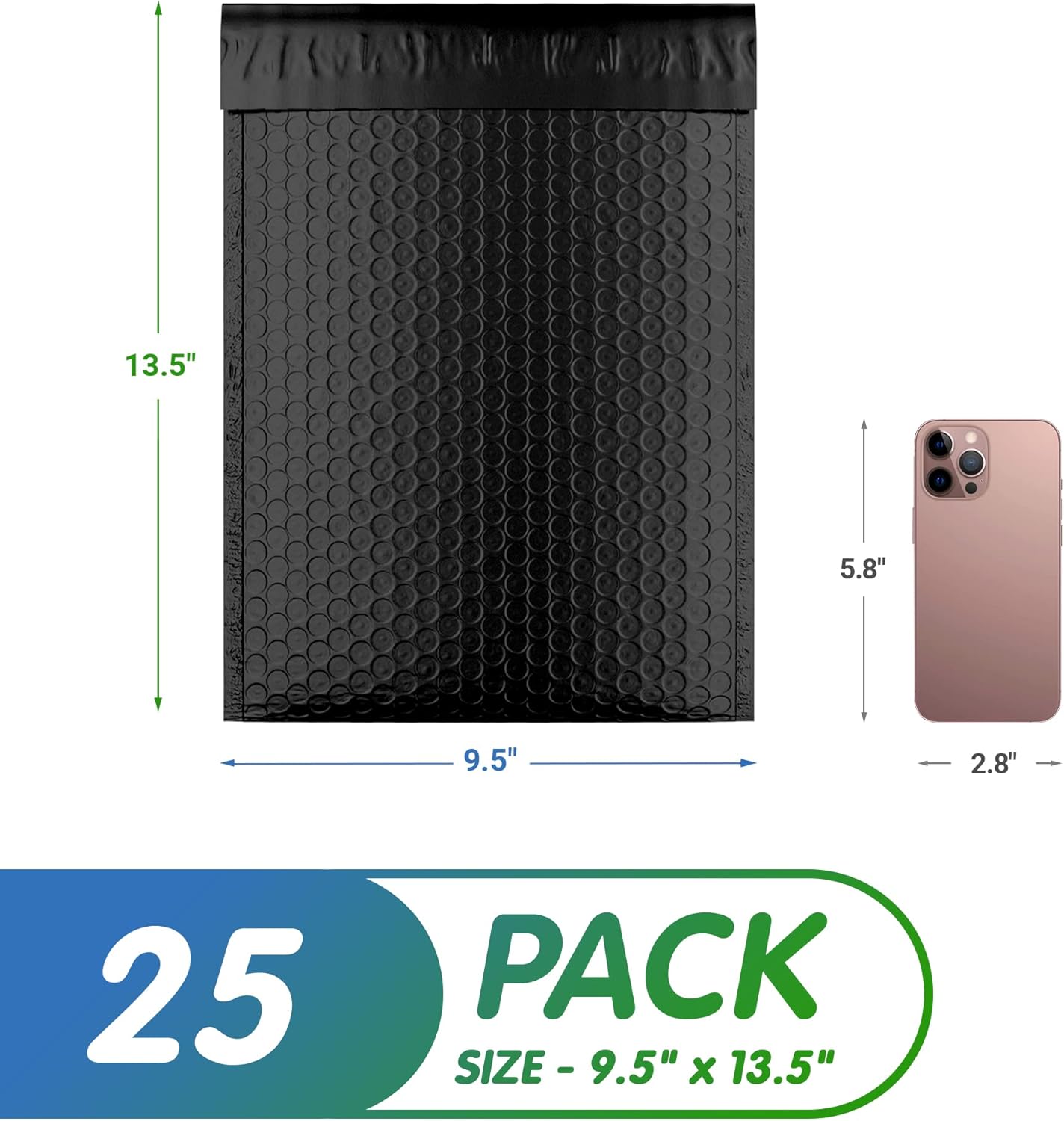 Matte Black Poly Bubble Mailers Self Seal, 9.5 x 13.5 Inch. Pack of 25 Bubble Packaging Envelopes for Shipping. Durable Padded Envelopes Waterproof. Self Seal Padded Mailers. Shipping Packages