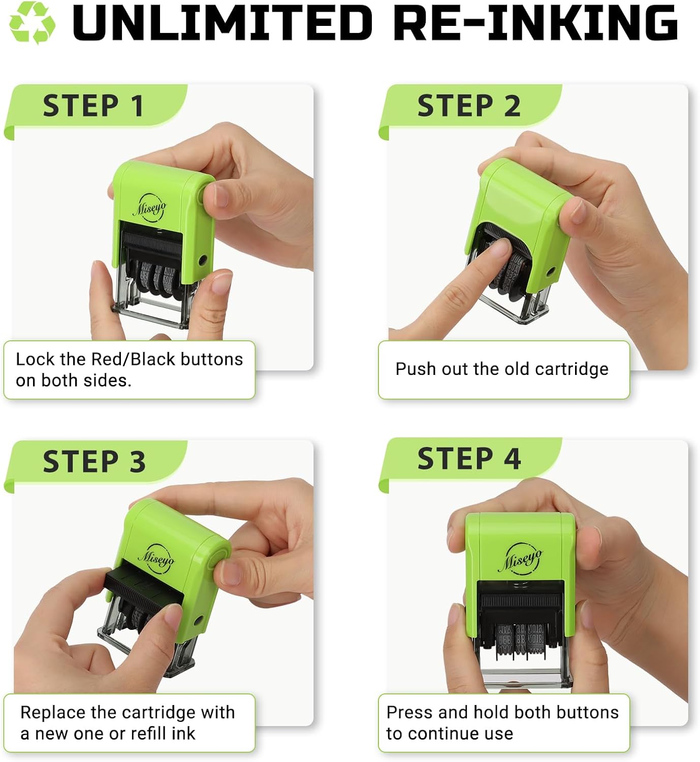 Miseyo Self Inking Date Stamp - Green (2 Black Refill Ink pad Included)