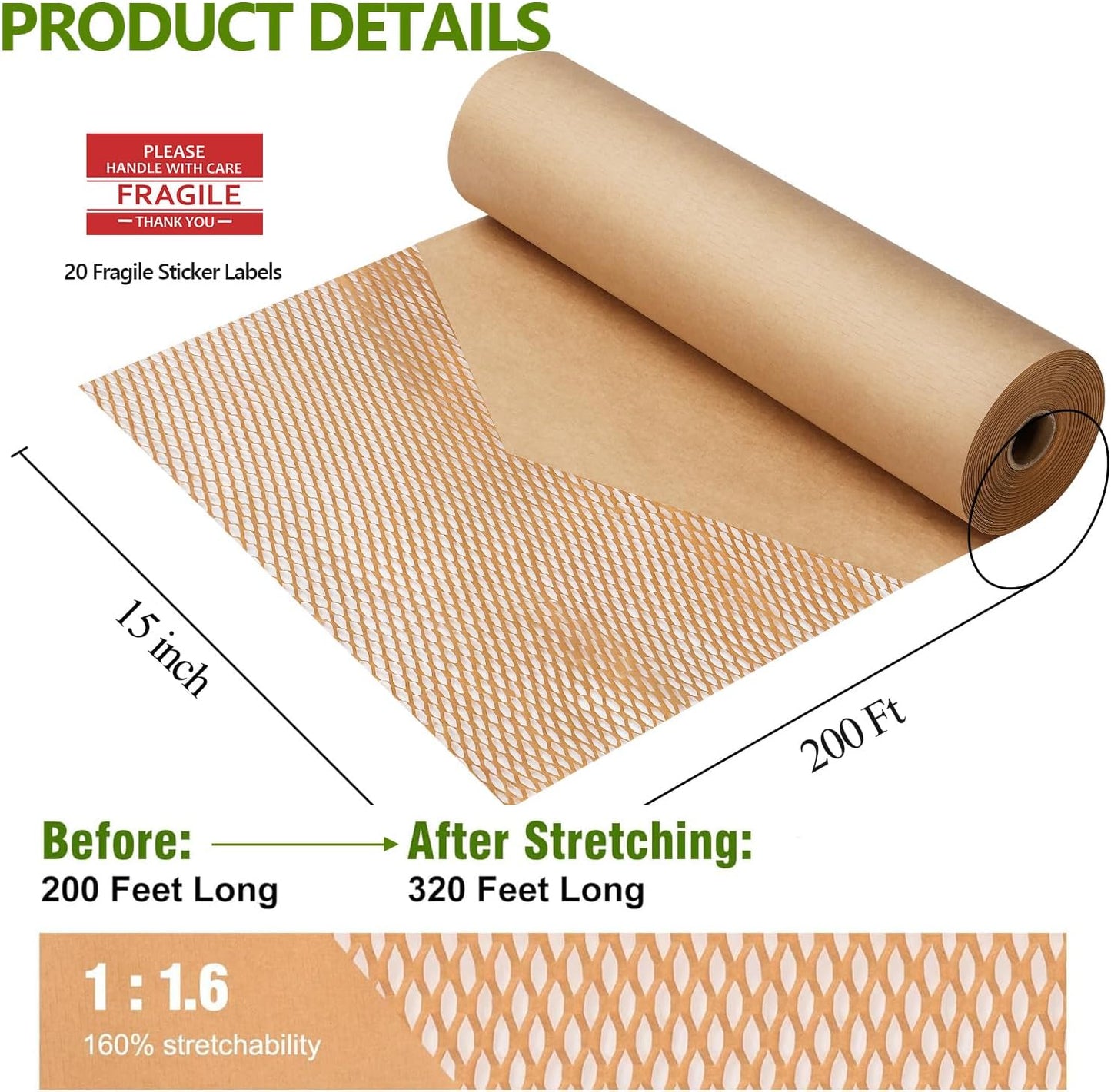 Honeycomb Packing Paper Wrap 15"x200' Sustainable Alternative to Bubble Cushioning Wrap for Moving/shipping/packing Roll with 20 Fragile Sticker Biodegradable & Fully Recylable