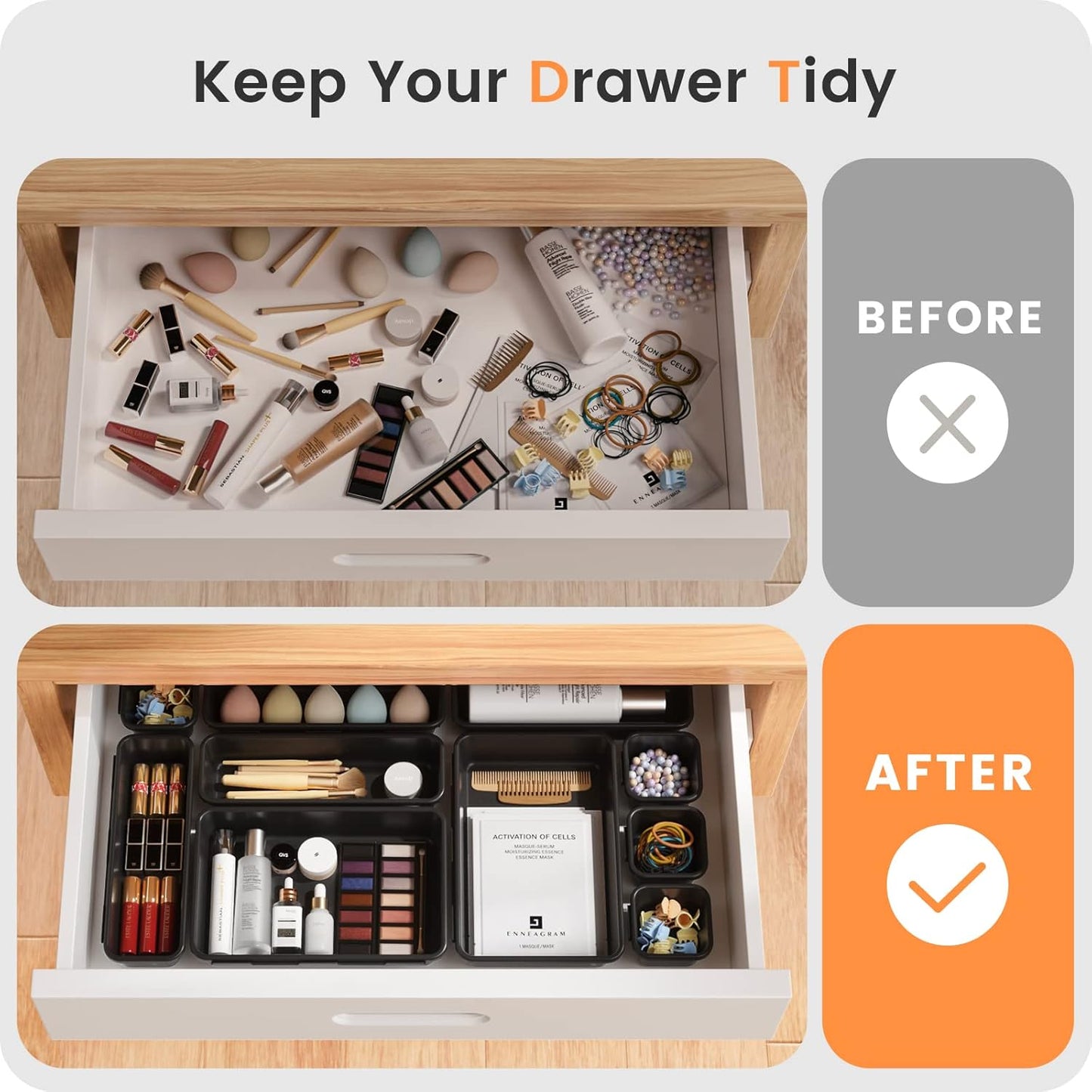 【28PCS】A-LUGEI Drawer Organizer, Bathroom Organizers and Storage, Makeup organizer, Desk drawer organizer, Storage Bins for Kitchen Office Bedroom Vanity Jewelry Pantry Garage【Black】【4Size】