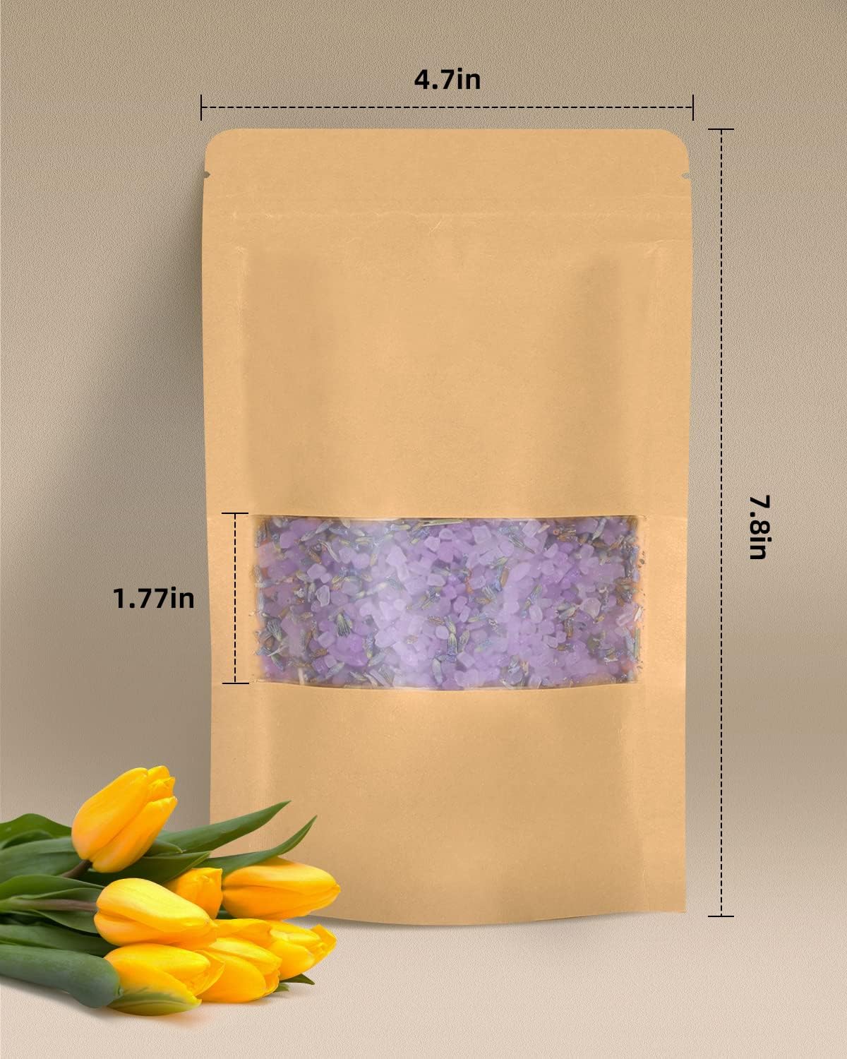 50pcs Kraft Bags with Window 4.7x7.8 Inches Brown Reusable Sealable Zip Lock Food Storage Stand up Paper Pouches for Home or Business
