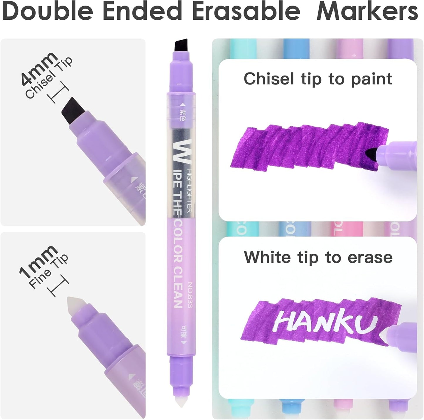 Erasable Highlighters Assorted Colors,10Pcs Chisel Tip Fluorescent And Pastel Erasable Markers,No Bleed Cute Highlighters for Bible,Smooth Writing Erasable pens