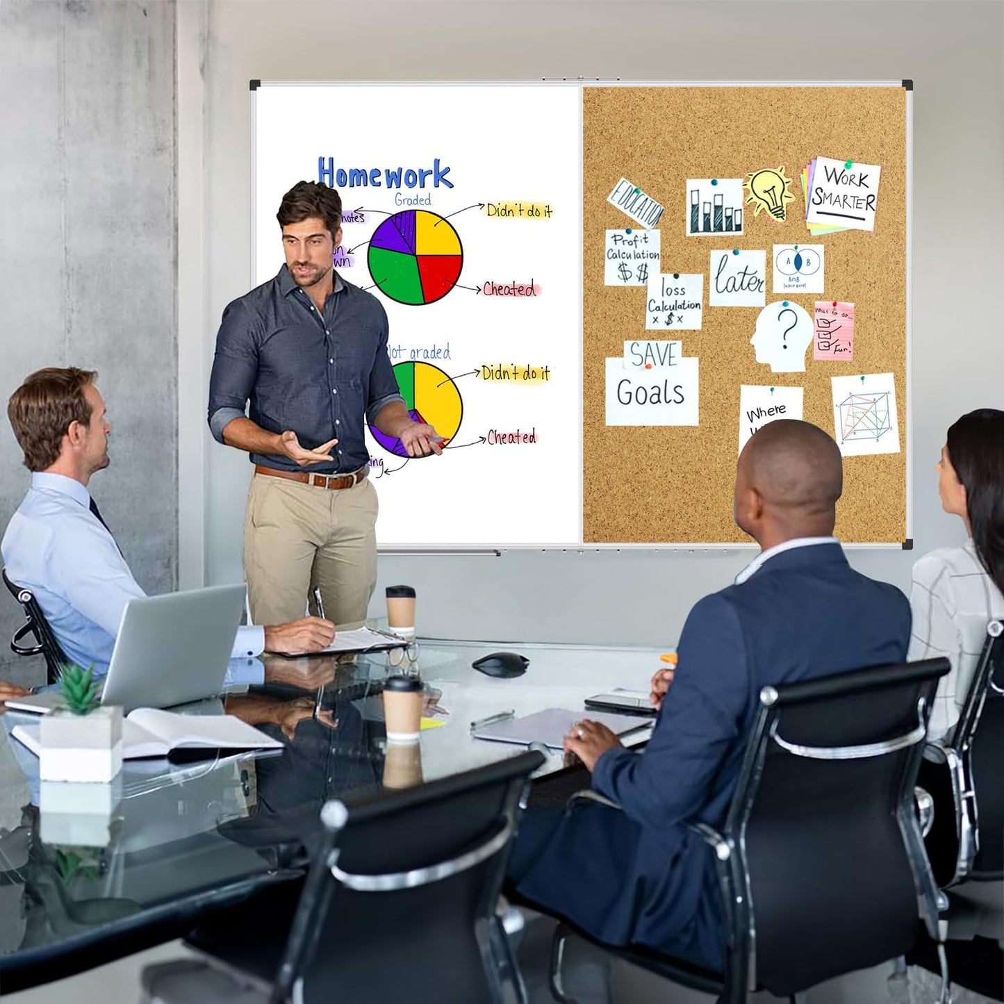 XBoard Extra Large Magnetic White Board and Bulletin Corkboard Combination, 60 x 40 Inch Foldable Dry Erase & Cork Combo Board for Wall with Aluminum Frame, 5' x 3' Notice Memo Board Pin Vision Board