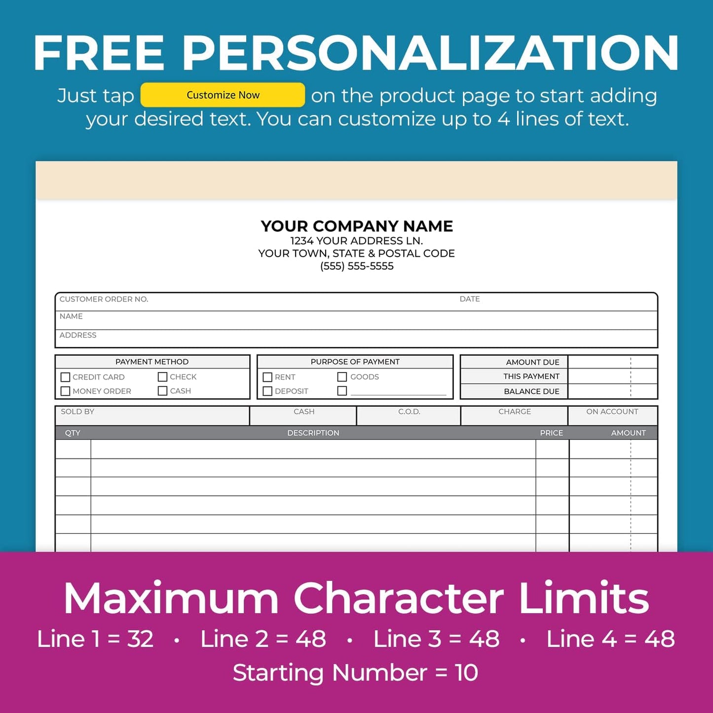 Custom 8.5" x 11" Carbonless NCR Books in 3-Part Triplicate Invoices, Receipts, Work Orders, Sales Orders, Purchase Orders, Estimates, Quote Forms with Your Company/Business Name (66 Sets)