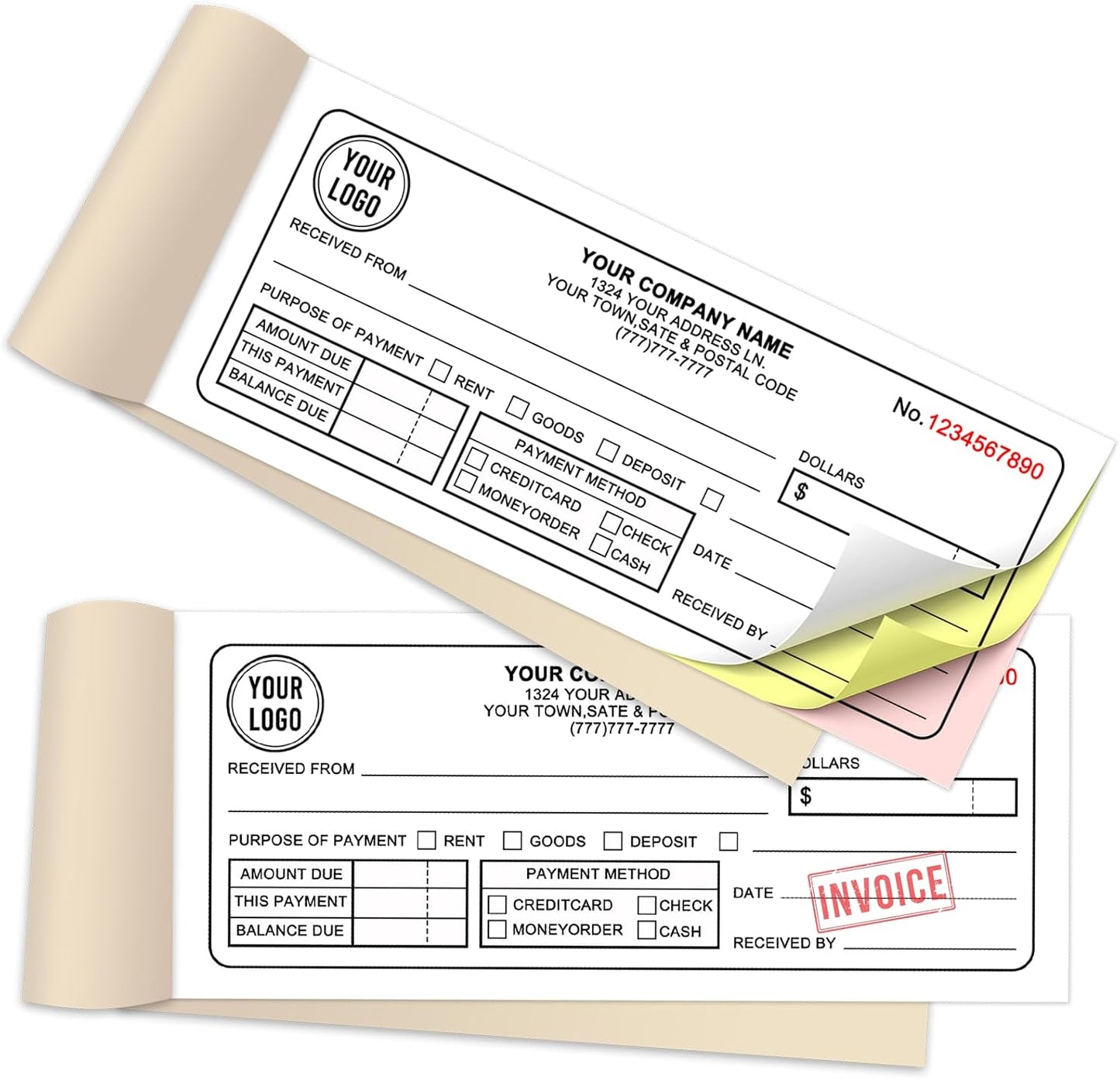 Custom Sales Invoice Personalized Carbonless NCR Forms with Company Name/Logo Personalized Invoice, Receipt Book, Work Sales Purchase Orders, Estimates, Quote Forms 7" x 2.83" - 3 Part(150 Sets)