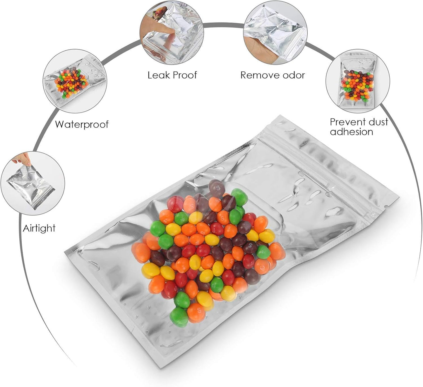 Resealable Mylar Bags | 100 Pcs 7 X 10 Inch | Smell Proof Bag Heat Seal Cute Packaging Foil Food Sealable Small Front Clear Plastic Silver for Storage Candy Beef Jerky Jewerly Product